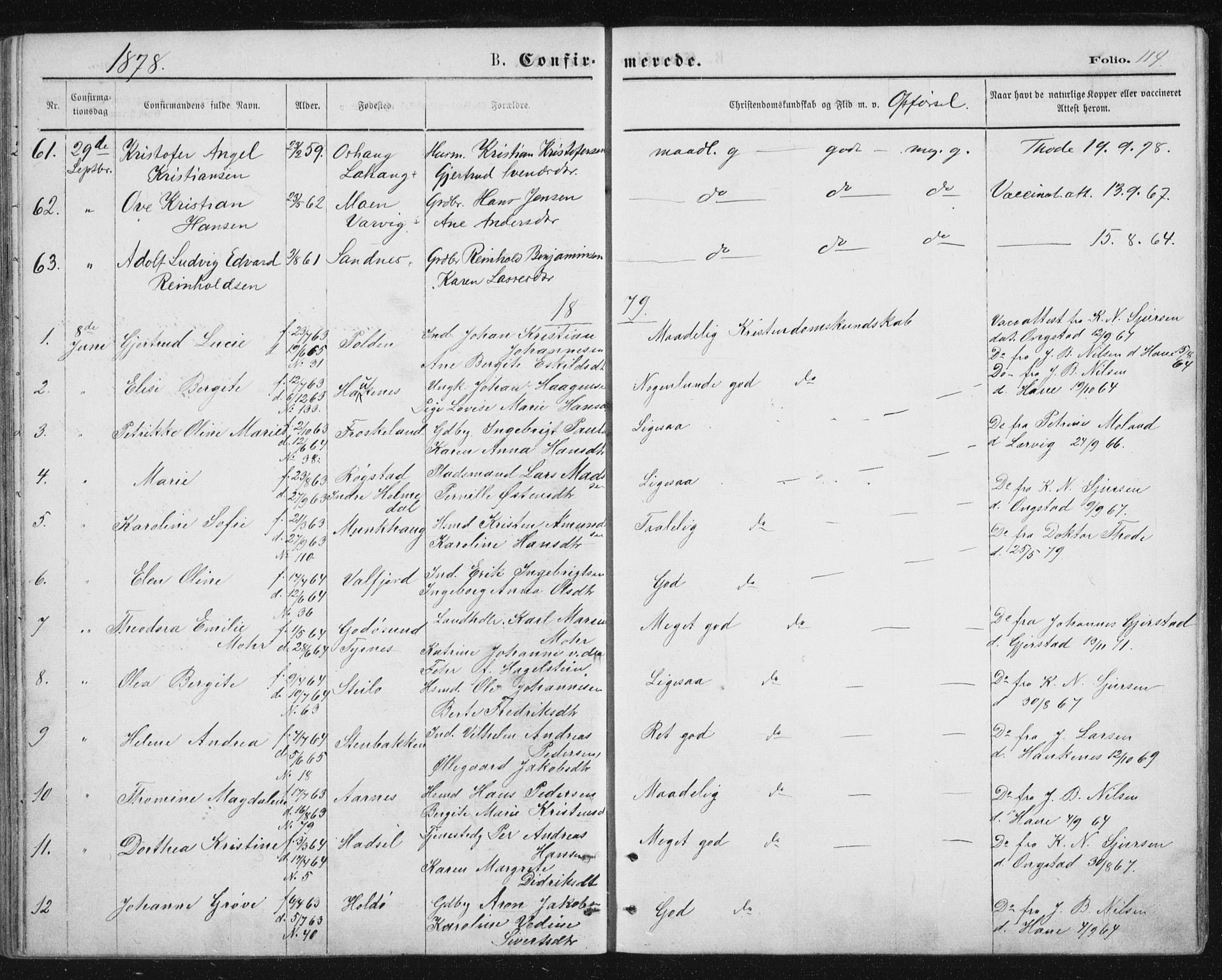 Ministerialprotokoller, klokkerbøker og fødselsregistre - Nordland, SAT/A-1459/888/L1243: Parish register (official) no. 888A09, 1876-1879, p. 114