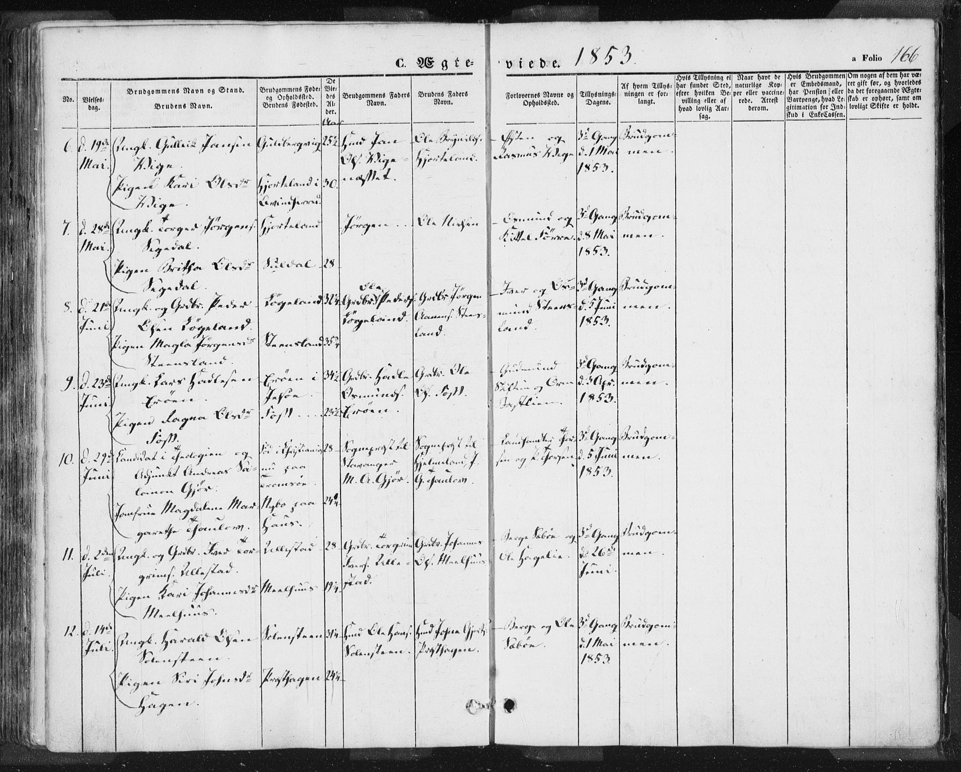 Hjelmeland sokneprestkontor, AV/SAST-A-101843/01/IV/L0009: Parish register (official) no. A 9, 1846-1860, p. 166