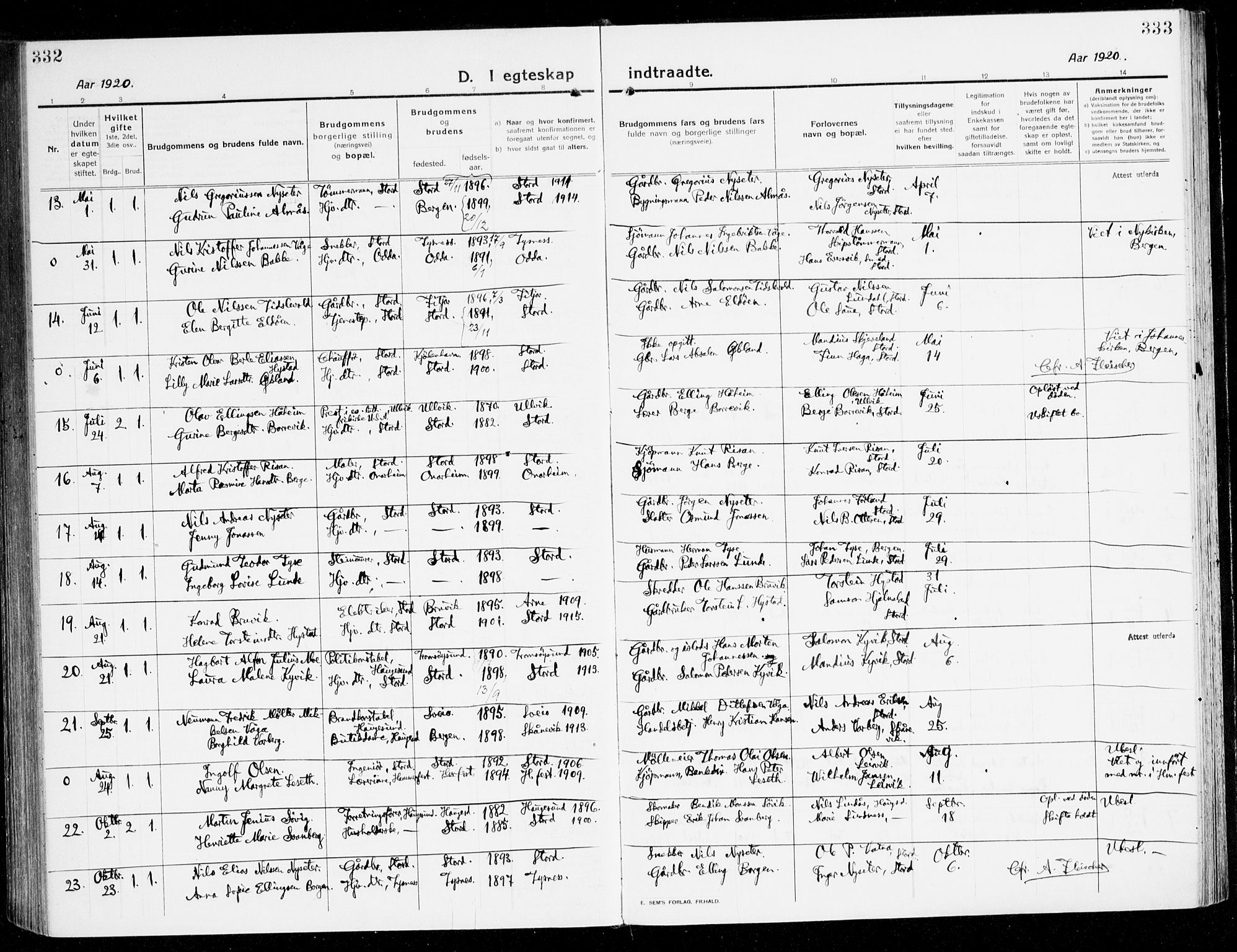 Stord sokneprestembete, AV/SAB-A-78201/H/Haa: Parish register (official) no. B 3, 1913-1925, p. 332-333