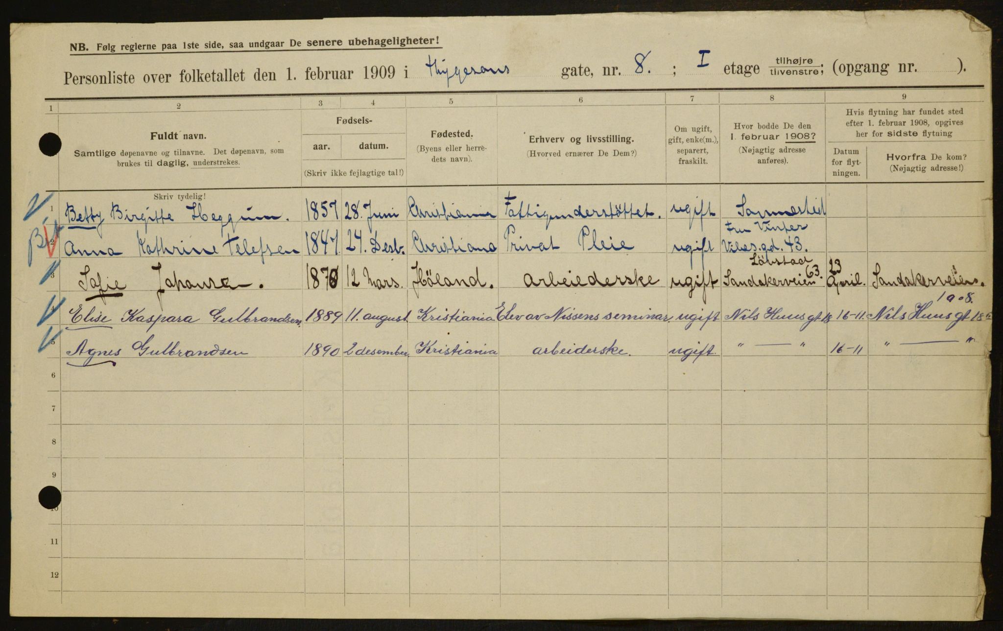 OBA, Municipal Census 1909 for Kristiania, 1909, p. 100957