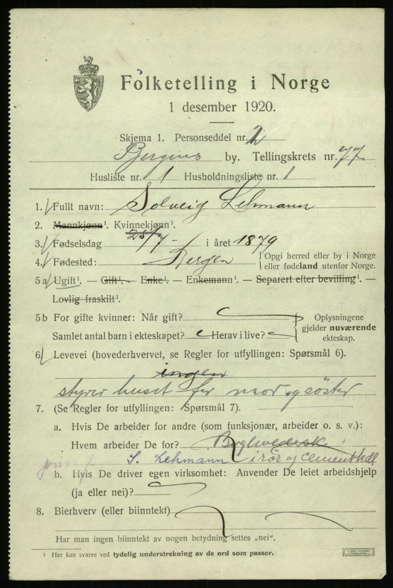 SAB, 1920 census for Bergen, 1920, p. 147670