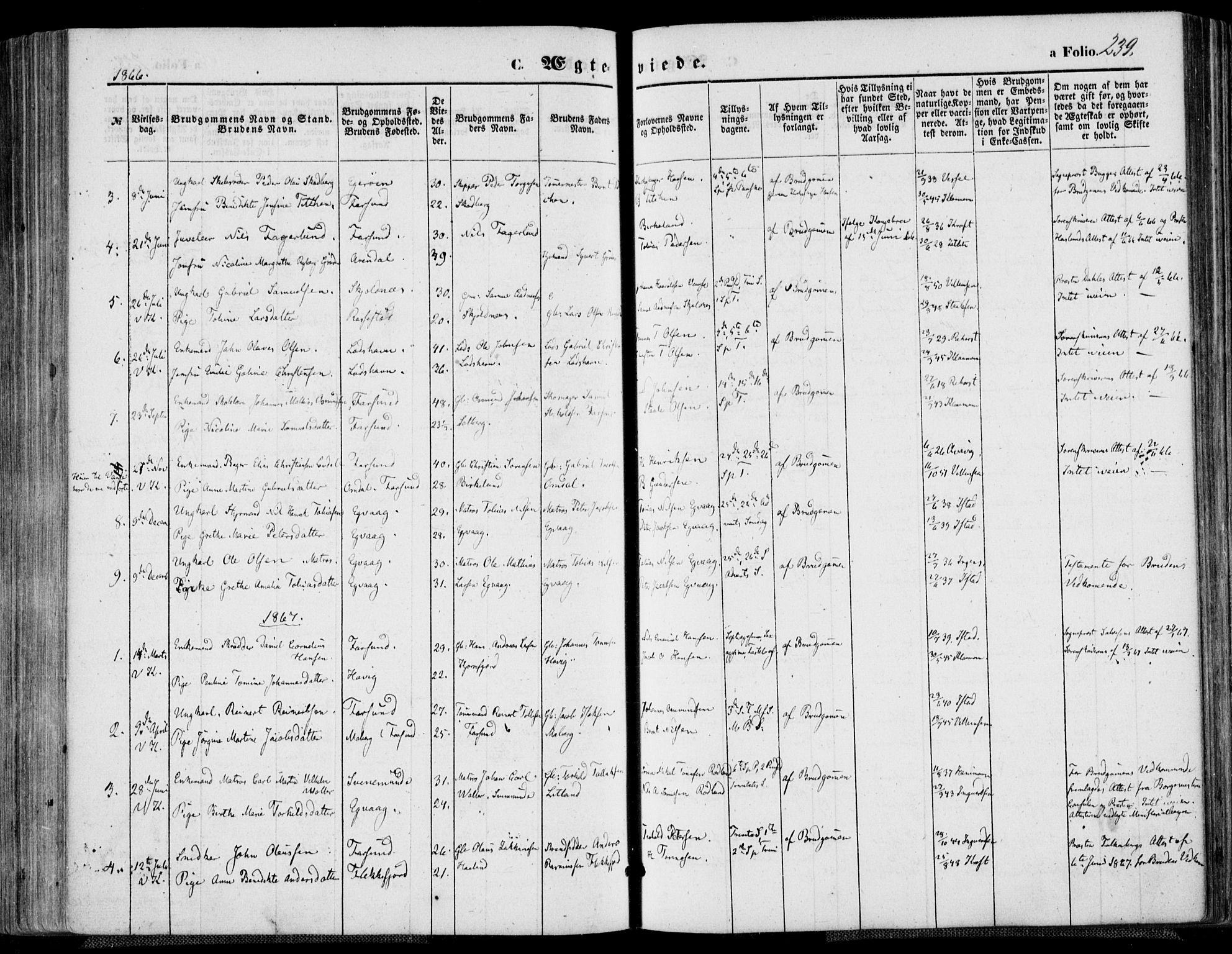 Farsund sokneprestkontor, SAK/1111-0009/F/Fa/L0005: Parish register (official) no. A 5, 1863-1886, p. 239