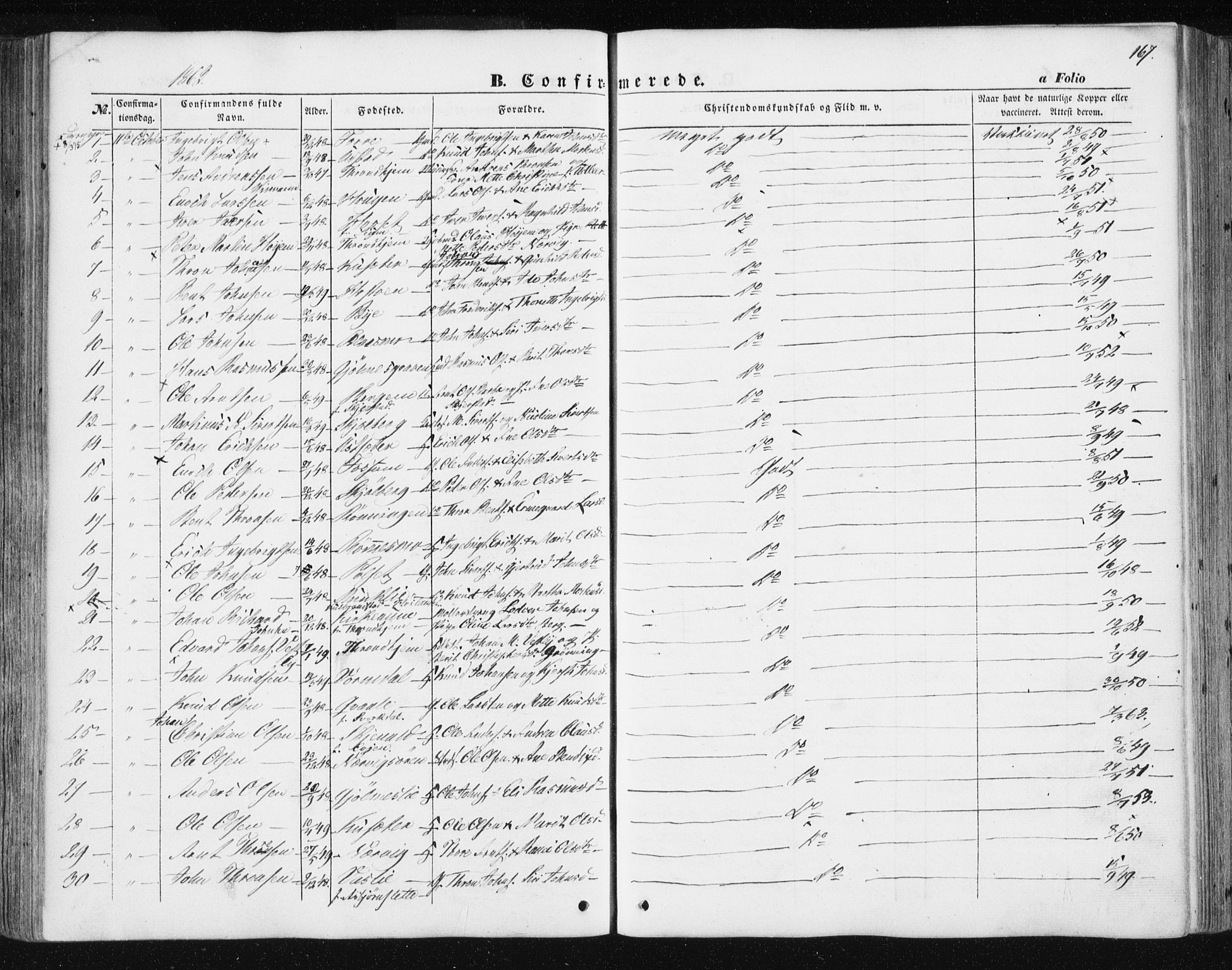 Ministerialprotokoller, klokkerbøker og fødselsregistre - Sør-Trøndelag, SAT/A-1456/668/L0806: Parish register (official) no. 668A06, 1854-1869, p. 167