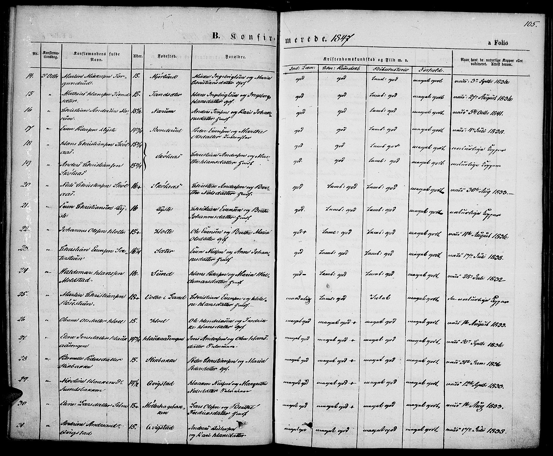 Vestre Toten prestekontor, SAH/PREST-108/H/Ha/Haa/L0004: Parish register (official) no. 4, 1844-1849, p. 105