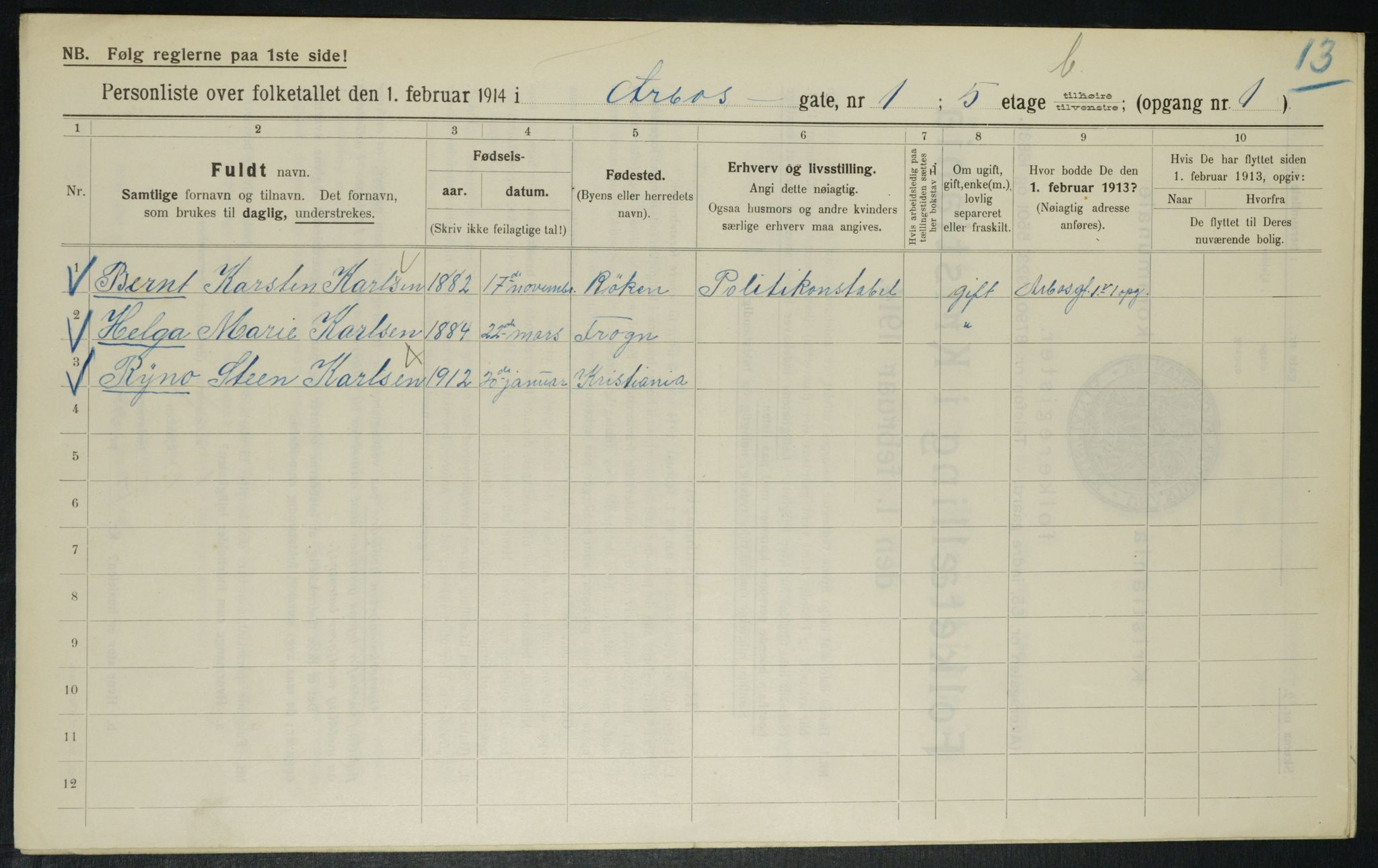 OBA, Municipal Census 1914 for Kristiania, 1914, p. 1721