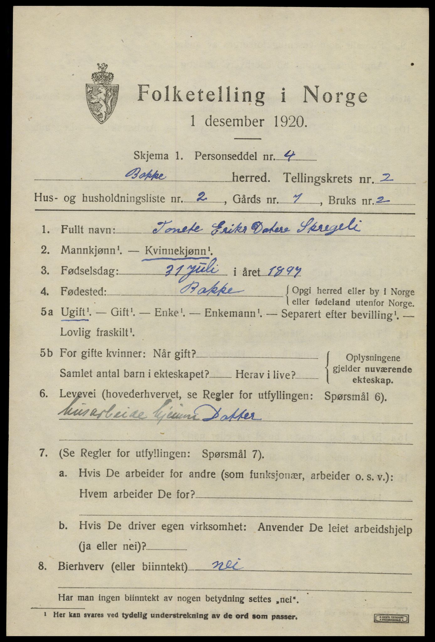 SAK, 1920 census for Bakke, 1920, p. 846