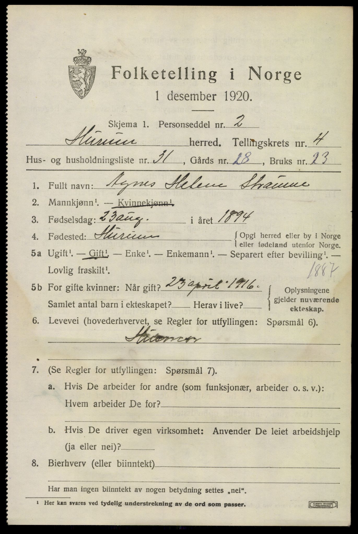 SAKO, 1920 census for Hurum, 1920, p. 6094