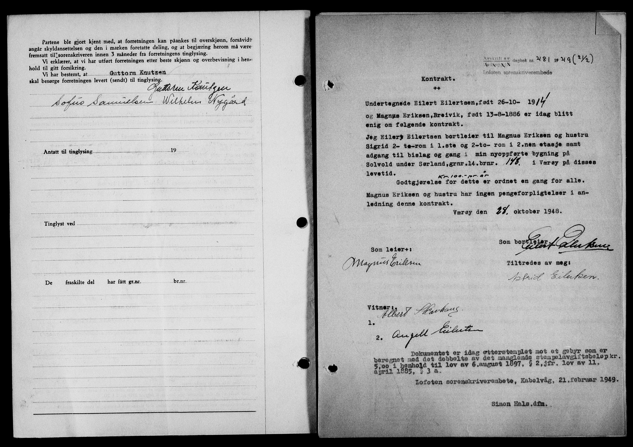 Lofoten sorenskriveri, SAT/A-0017/1/2/2C/L0020a: Mortgage book no. 20a, 1948-1949, Diary no: : 481/1949