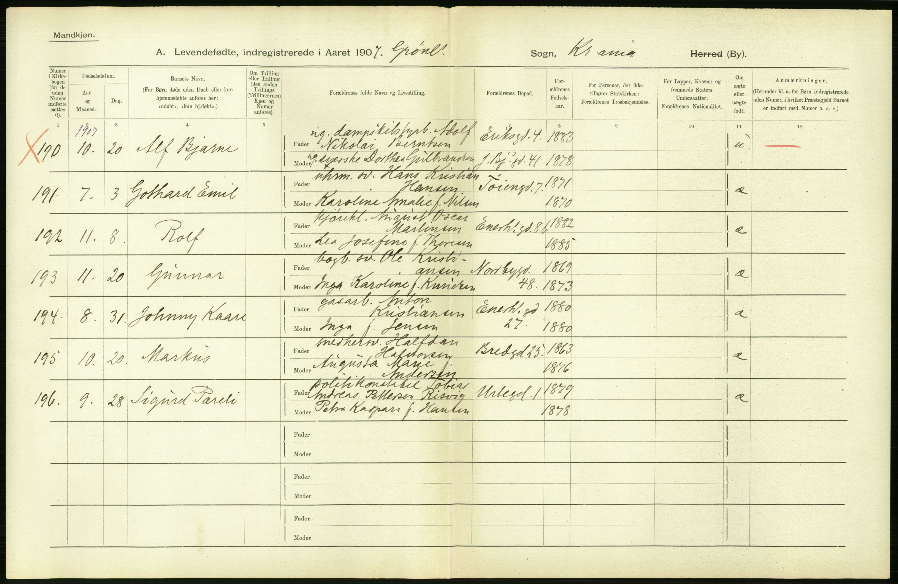 Statistisk sentralbyrå, Sosiodemografiske emner, Befolkning, AV/RA-S-2228/D/Df/Dfa/Dfae/L0007: Kristiania: Levendefødte menn og kvinner., 1907, p. 284