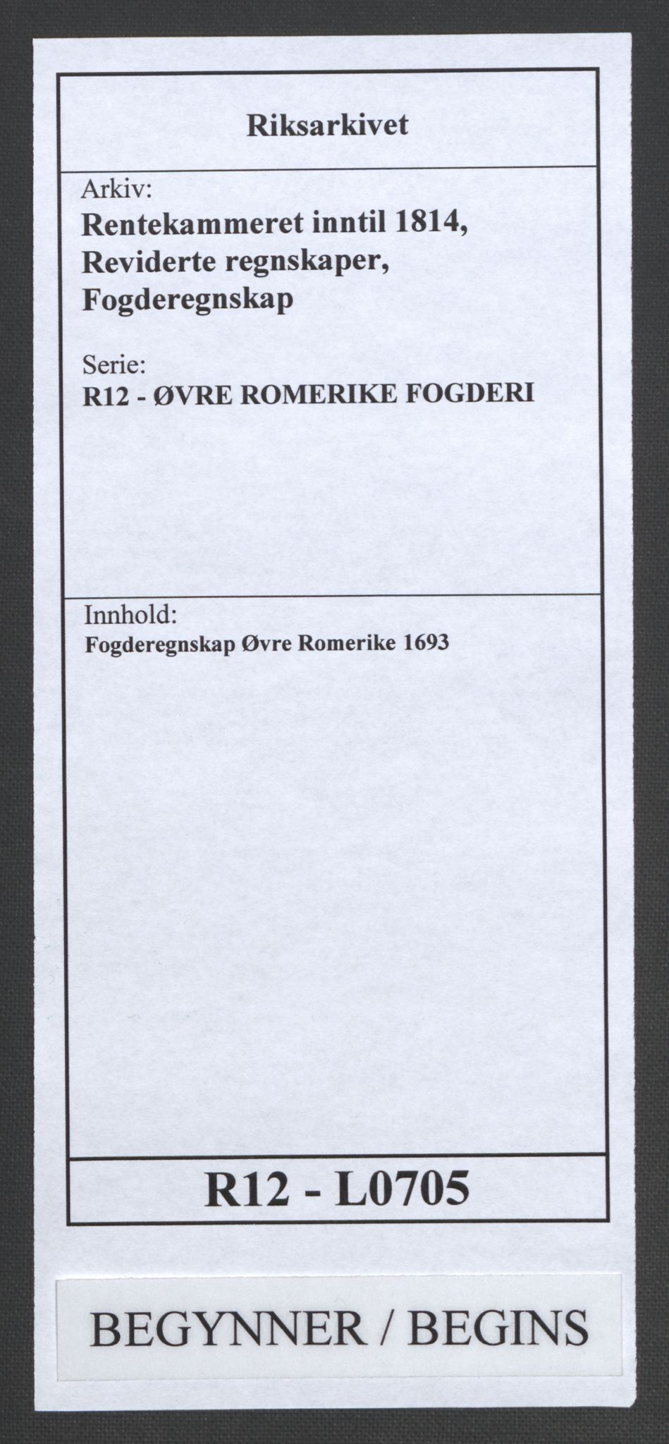 Rentekammeret inntil 1814, Reviderte regnskaper, Fogderegnskap, RA/EA-4092/R12/L0705: Fogderegnskap Øvre Romerike, 1693, p. 1