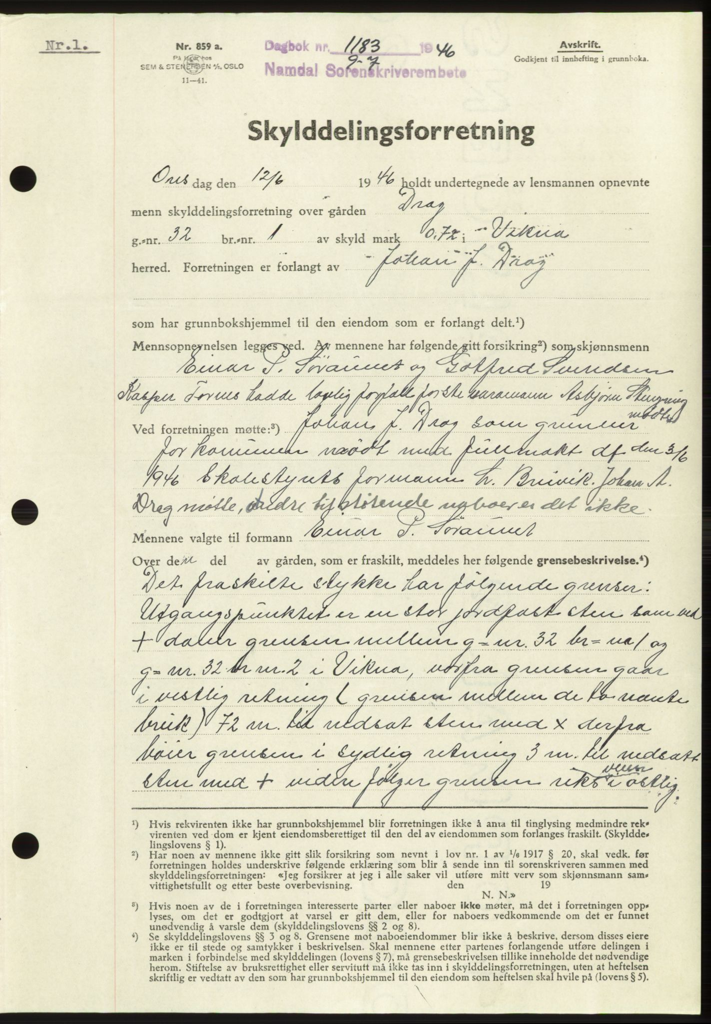 Namdal sorenskriveri, AV/SAT-A-4133/1/2/2C: Mortgage book no. -, 1946-1946, Diary no: : 1183/1946