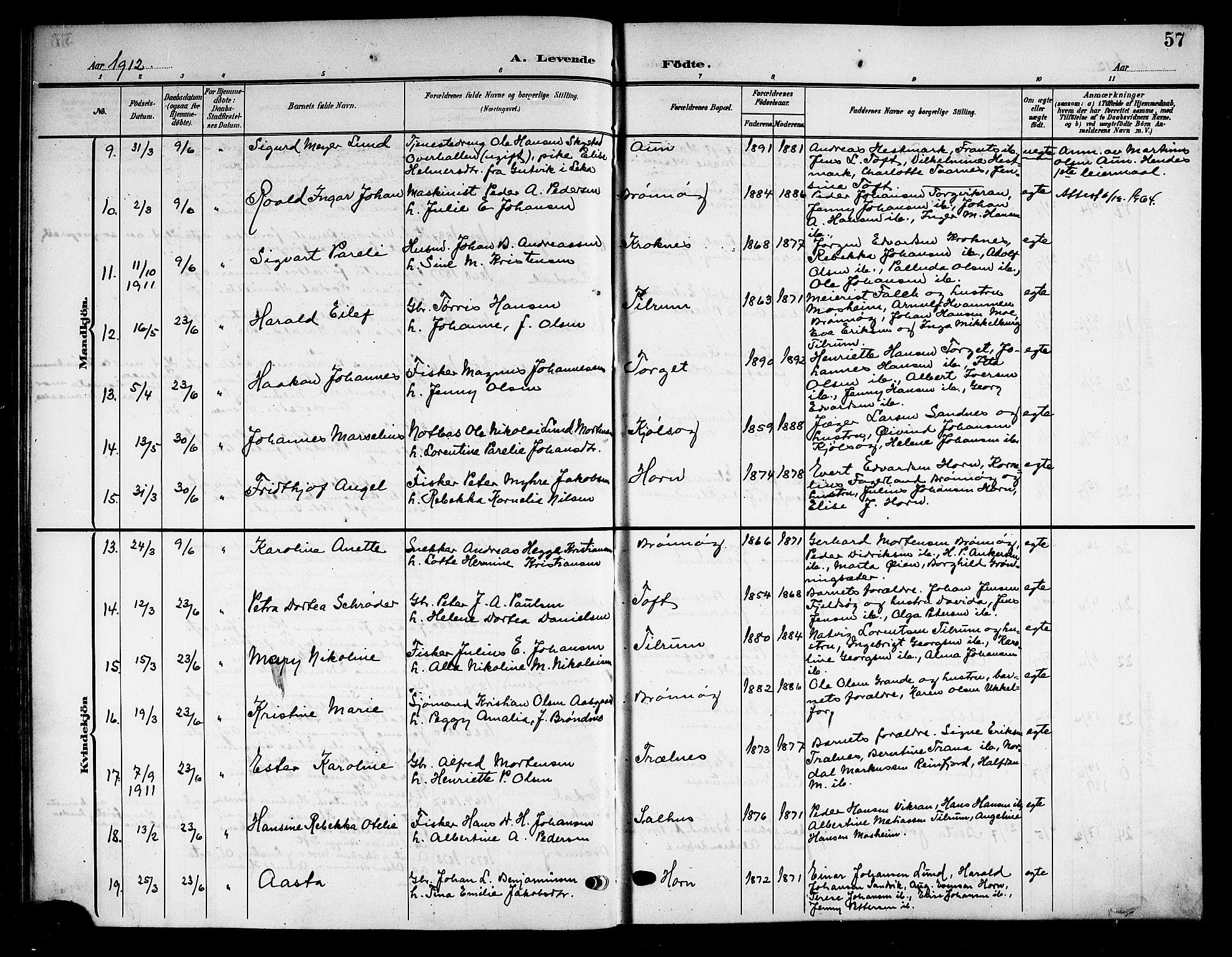 Ministerialprotokoller, klokkerbøker og fødselsregistre - Nordland, AV/SAT-A-1459/813/L0214: Parish register (copy) no. 813C06, 1904-1917, p. 57