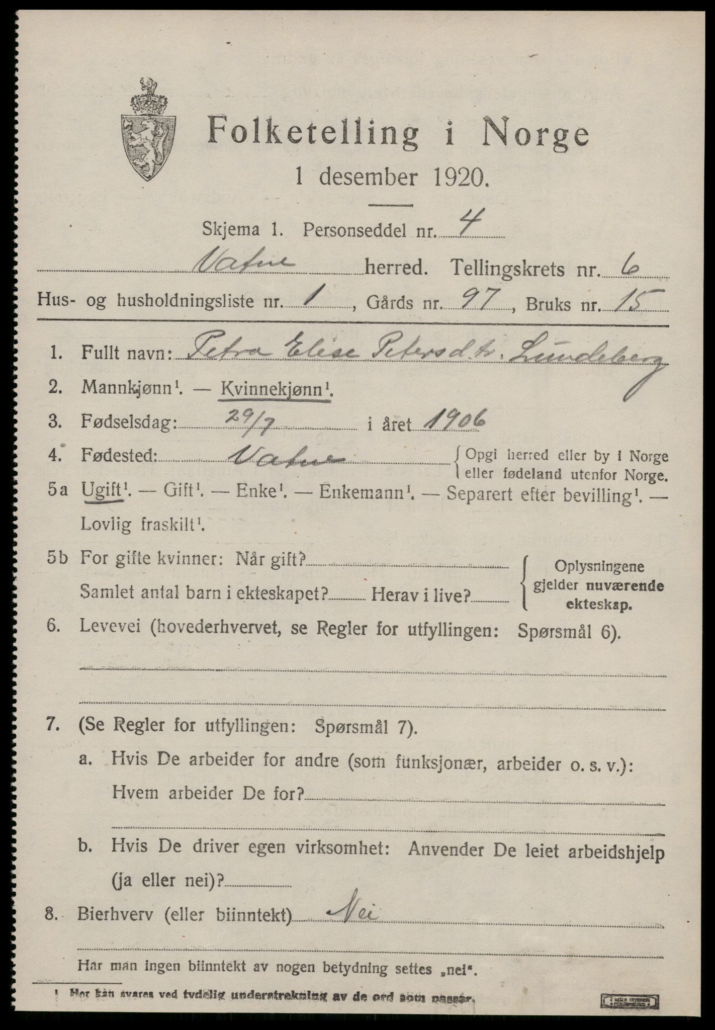 SAT, 1920 census for Vatne, 1920, p. 2698