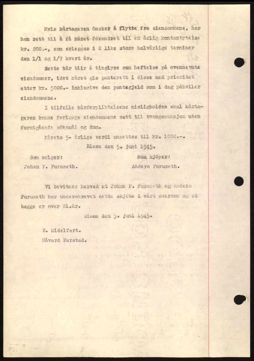 Fosen sorenskriveri, AV/SAT-A-1107/1/2/2C: Mortgage book no. A3, 1943-1945, Diary no: : 537/1945