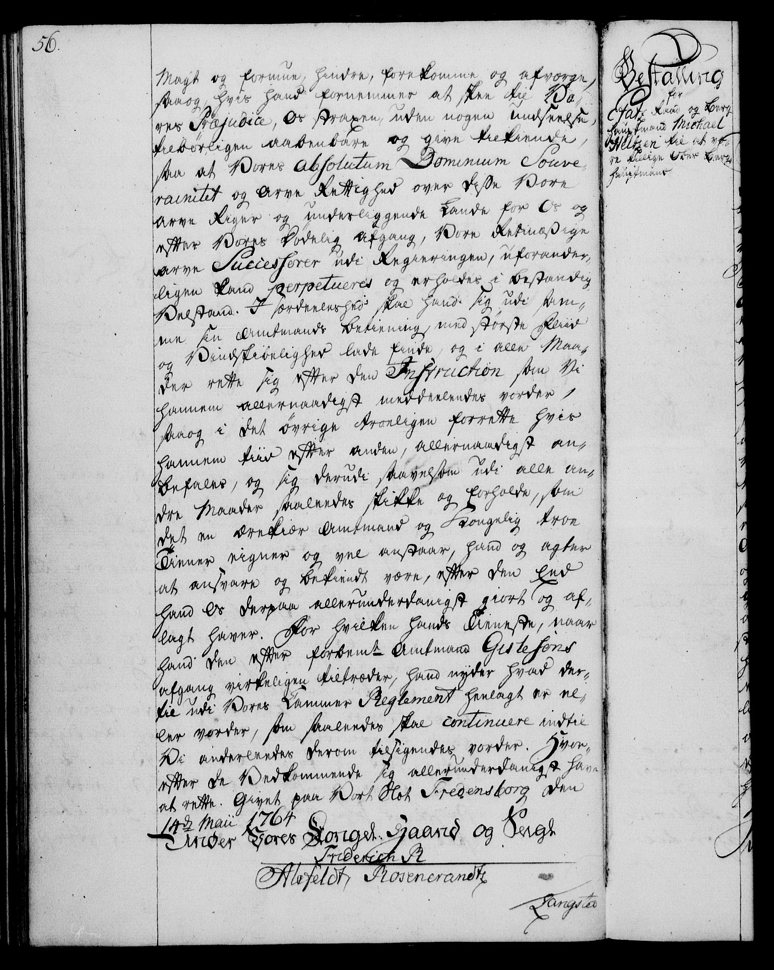 Rentekammeret, Kammerkanselliet, RA/EA-3111/G/Gg/Gge/L0004: Norsk bestallingsprotokoll med register (merket RK 53.28), 1762-1771, p. 56