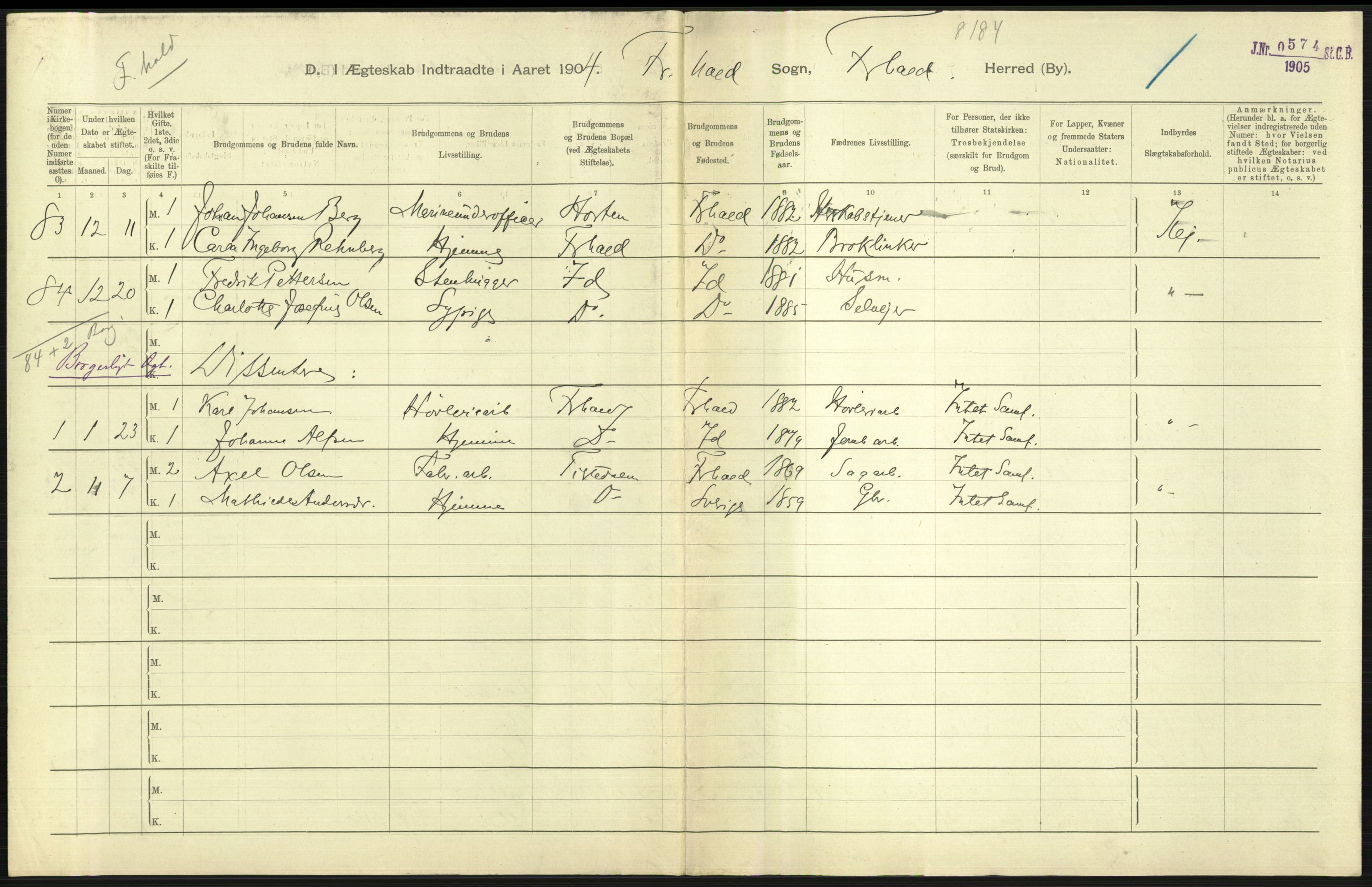 Statistisk sentralbyrå, Sosiodemografiske emner, Befolkning, RA/S-2228/D/Df/Dfa/Dfab/L0001: Smålenenes amt: Fødte, gifte, døde, 1904, p. 564