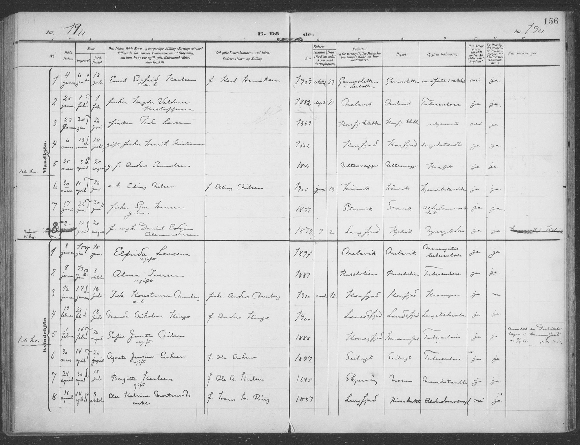 Talvik sokneprestkontor, SATØ/S-1337/H/Ha/L0017kirke: Parish register (official) no. 17, 1906-1915, p. 156