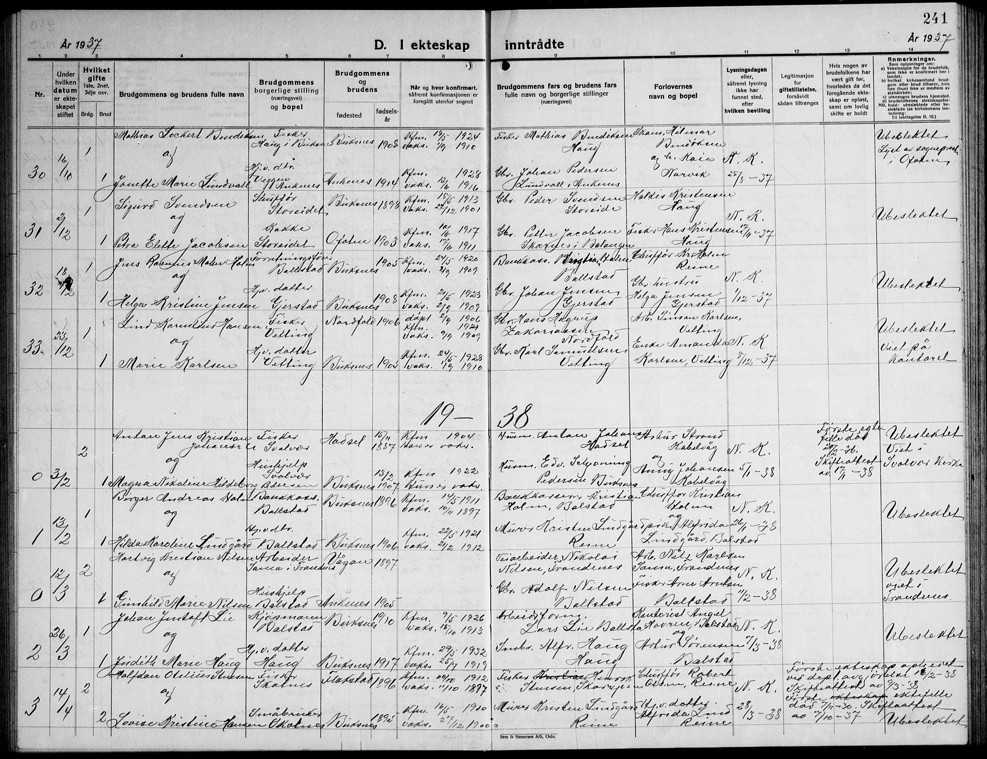 Ministerialprotokoller, klokkerbøker og fødselsregistre - Nordland, AV/SAT-A-1459/881/L1170: Parish register (copy) no. 881C07, 1930-1943, p. 241