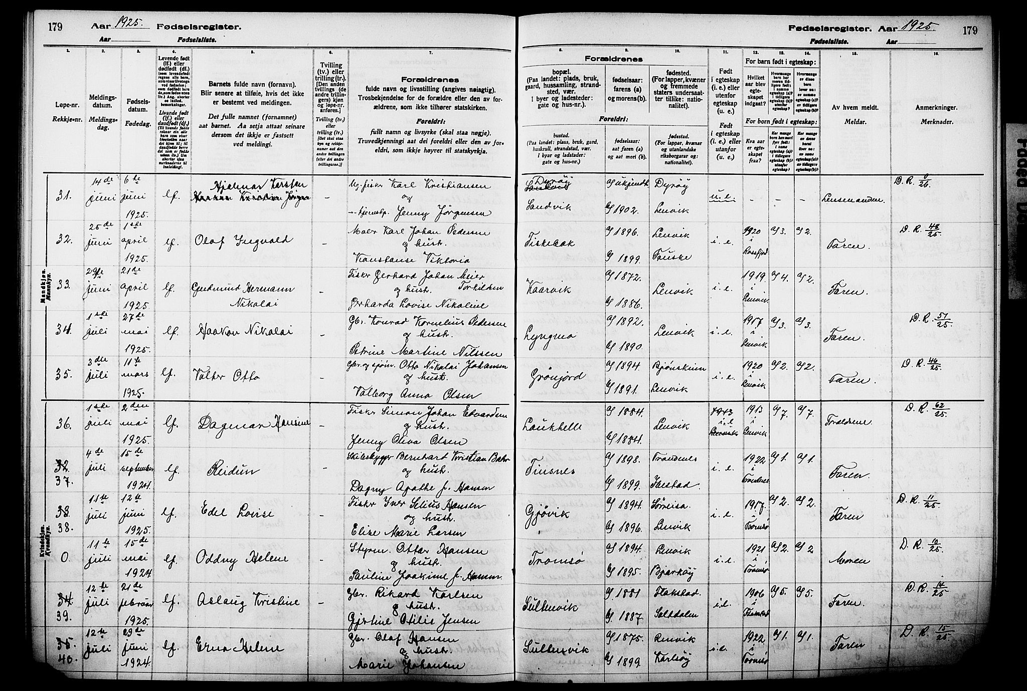 Lenvik sokneprestembete, SATØ/S-1310/I/Ic/L0089: Birth register no. 89, 1916-1926, p. 179