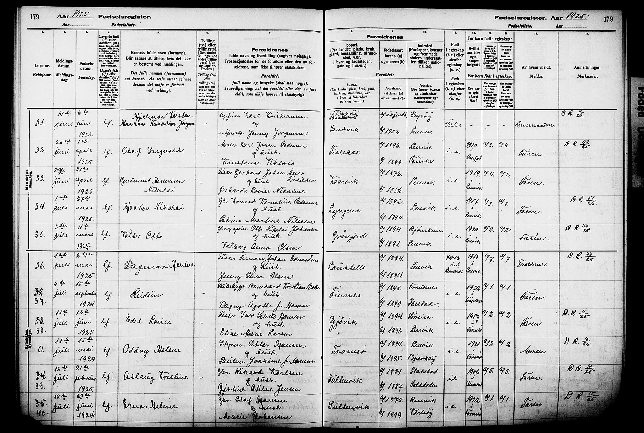 Lenvik sokneprestembete, AV/SATØ-S-1310/I/Ic/L0089: Birth register no. 89, 1916-1926, p. 179