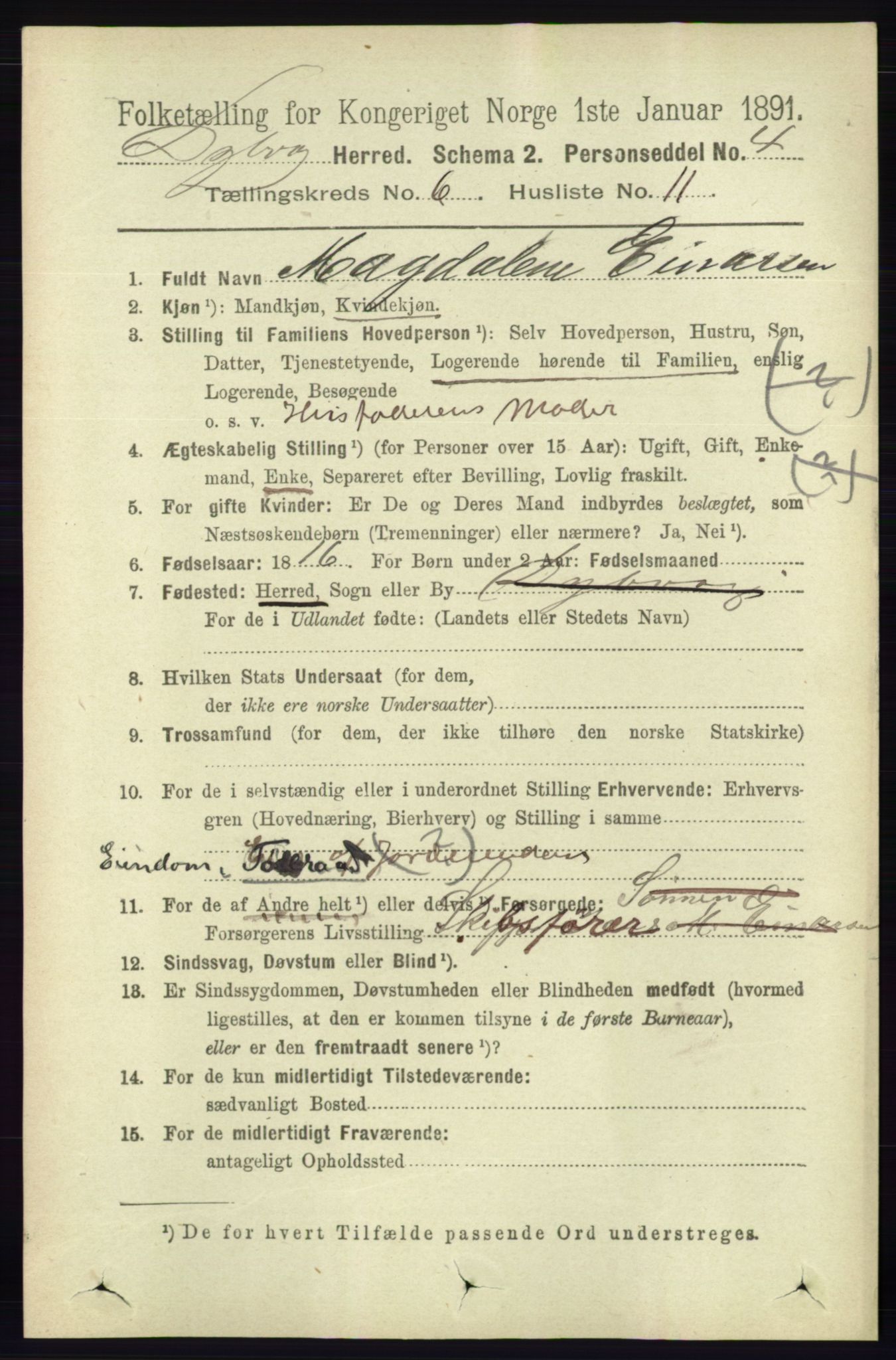 RA, 1891 census for 0915 Dypvåg, 1891, p. 1843