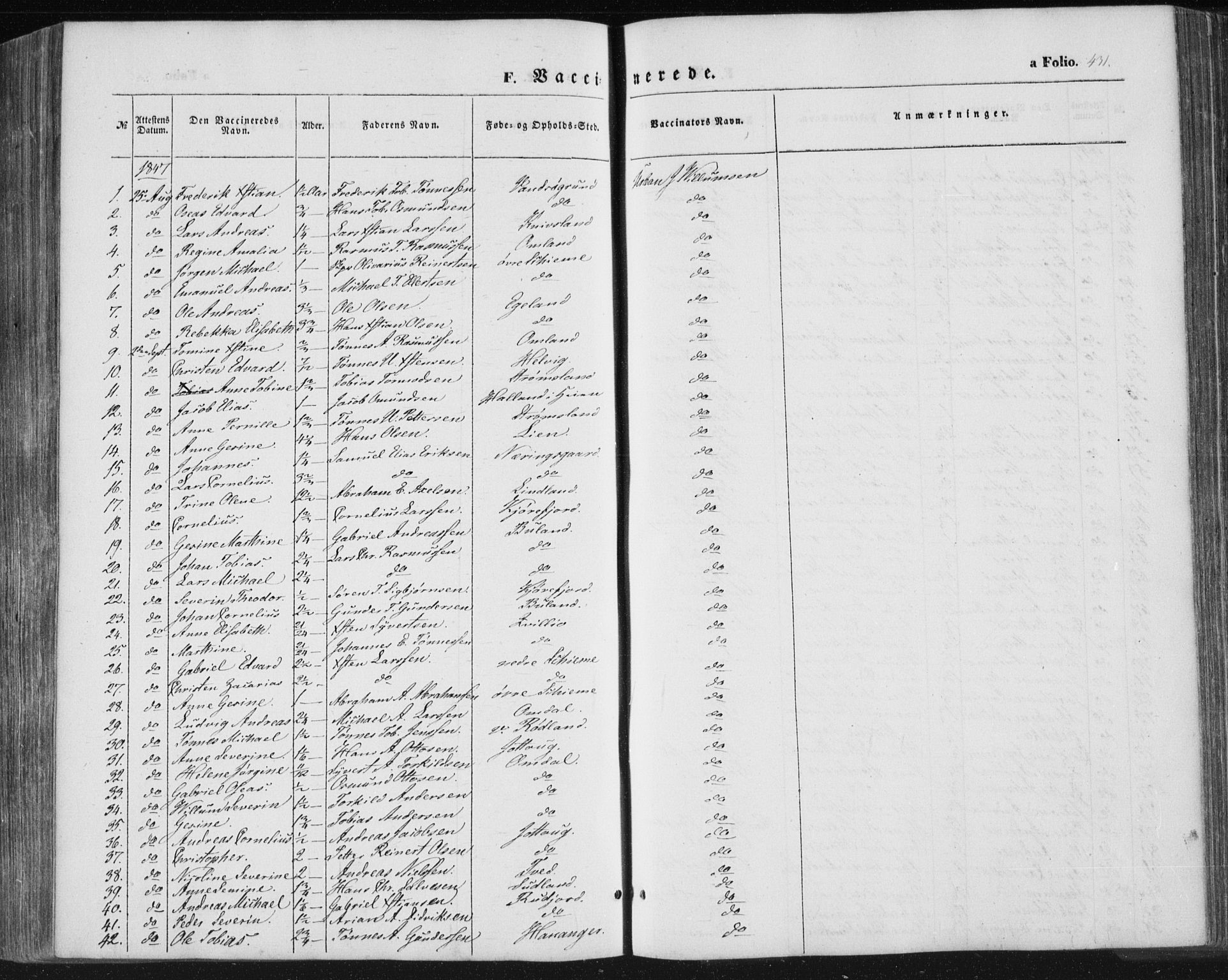 Lista sokneprestkontor, SAK/1111-0027/F/Fa/L0010: Parish register (official) no. A 10, 1846-1861, p. 431