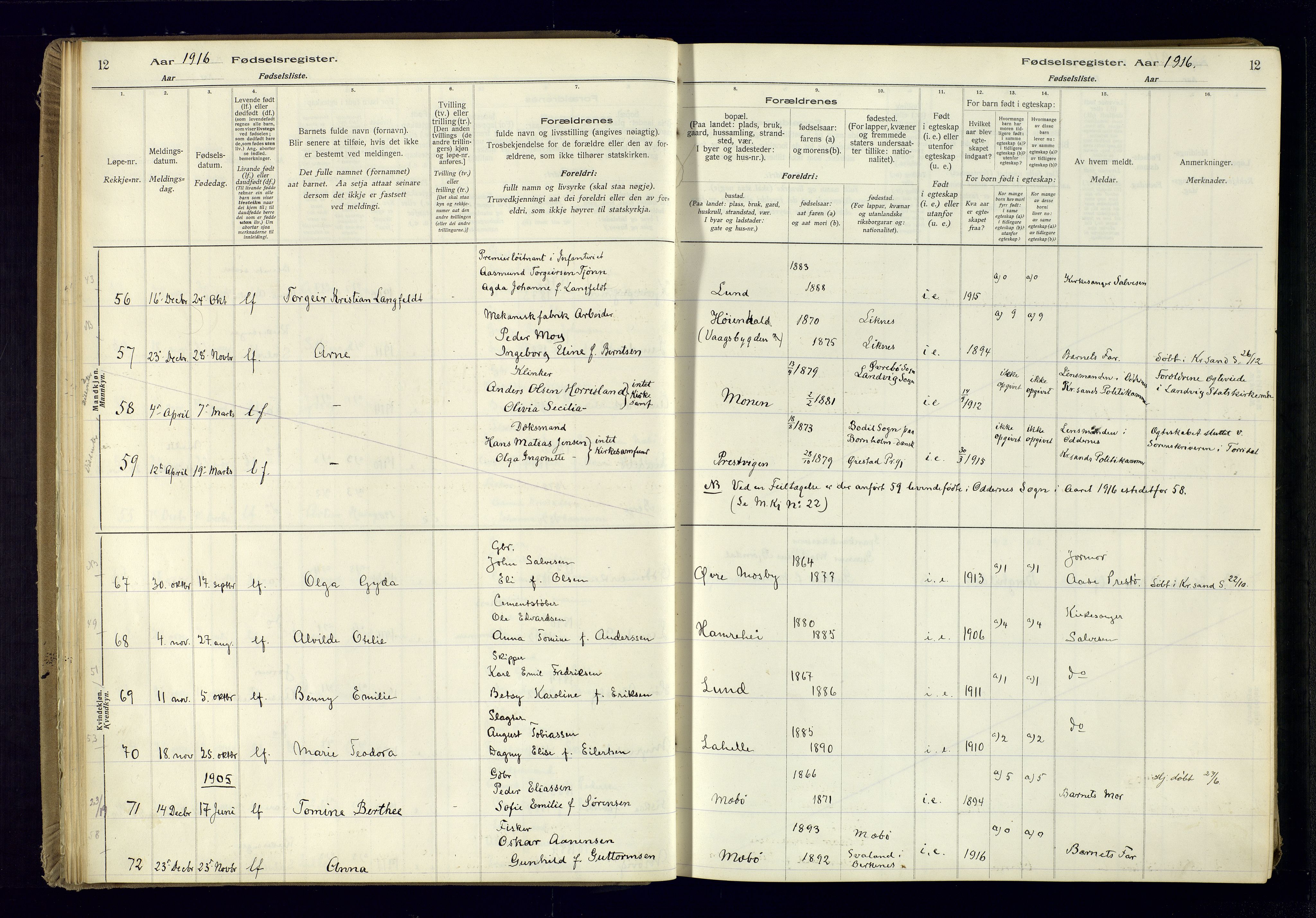 Oddernes sokneprestkontor, AV/SAK-1111-0033/J/Ja/L0001: Birth register no. 1, 1916-1935, p. 12