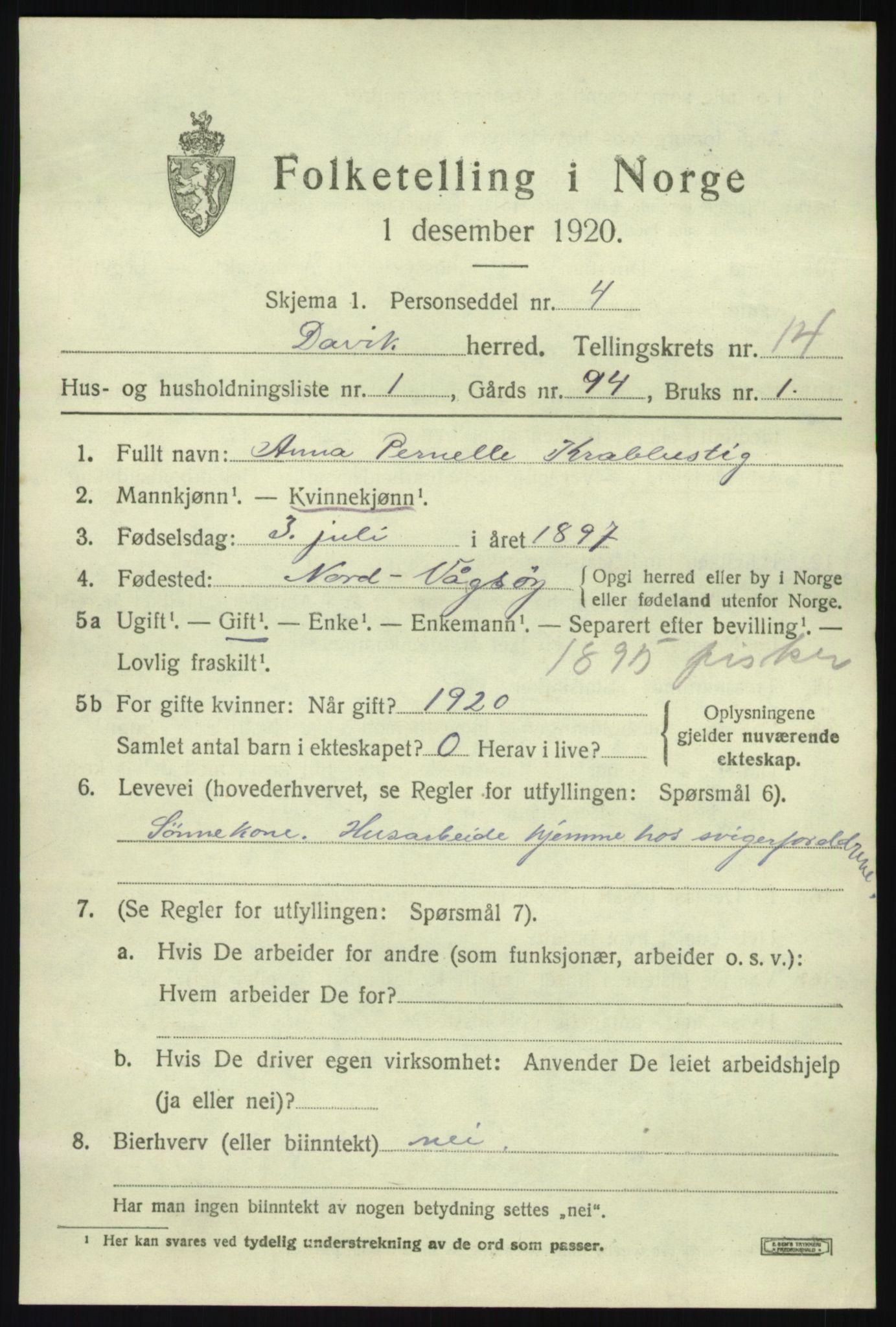 SAB, 1920 census for Davik, 1920, p. 6377