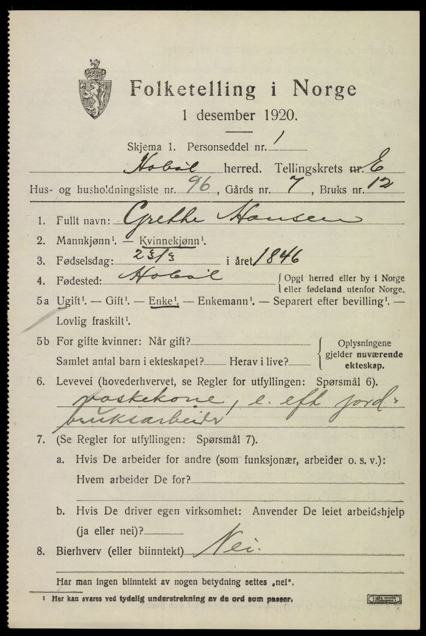 SAO, 1920 census for Hobøl, 1920, p. 5188