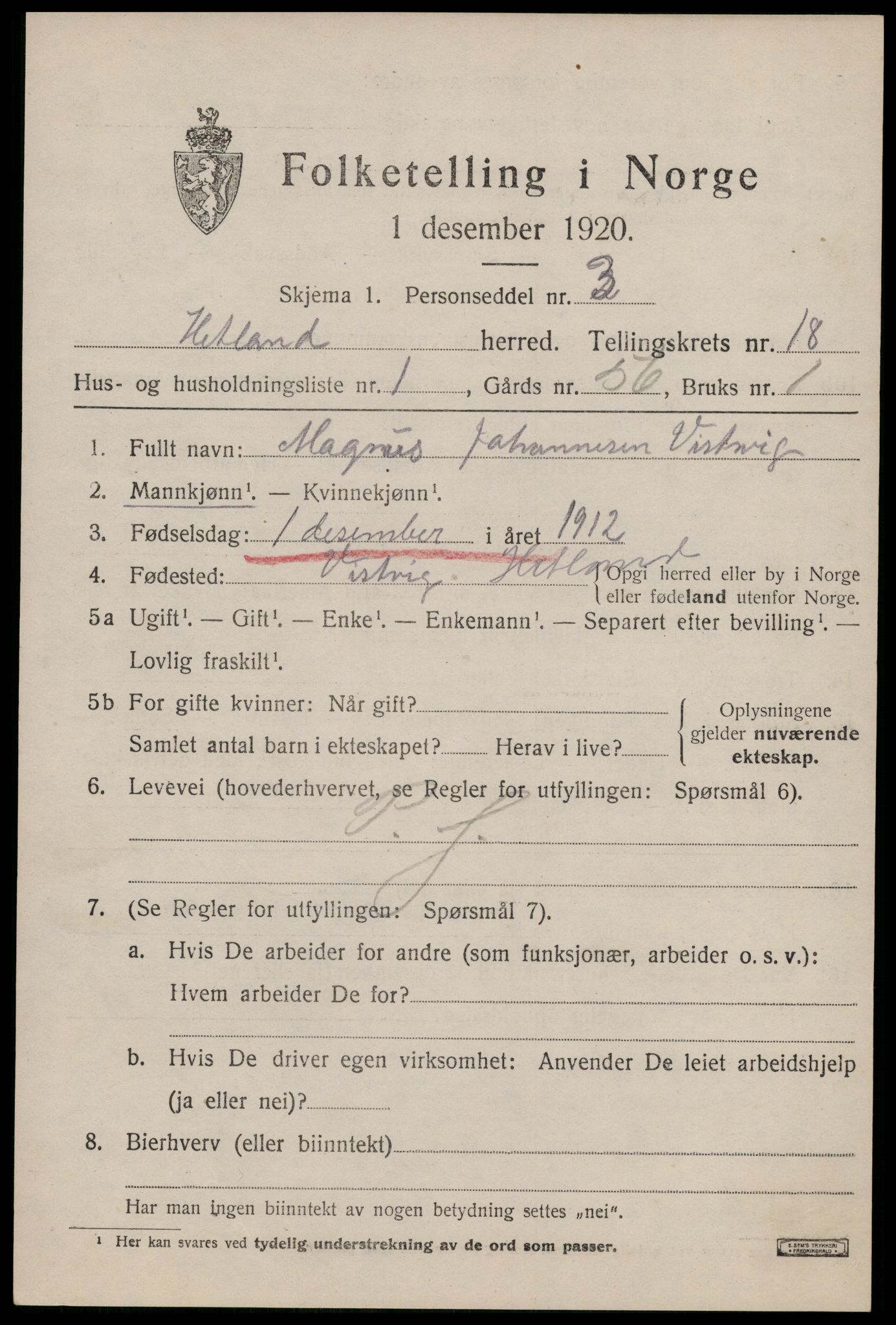 SAST, 1920 census for Hetland, 1920, p. 25109