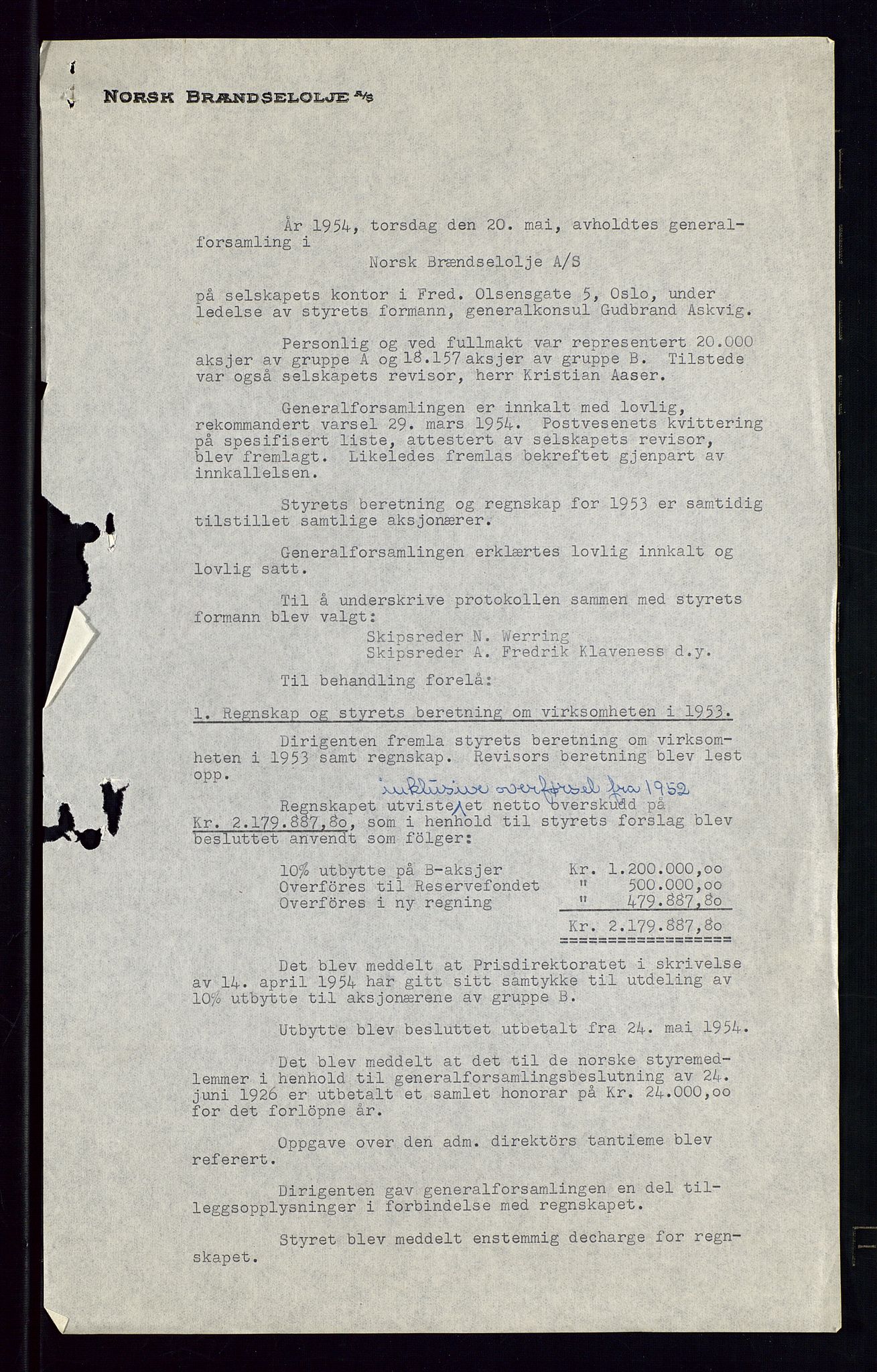 PA 1544 - Norsk Brændselolje A/S, AV/SAST-A-101965/1/A/Aa/L0007/0001: Generalforsamling / Ekstraordinær generalforsamling 1953, generalforsamling 1954, 1953-1954, p. 75