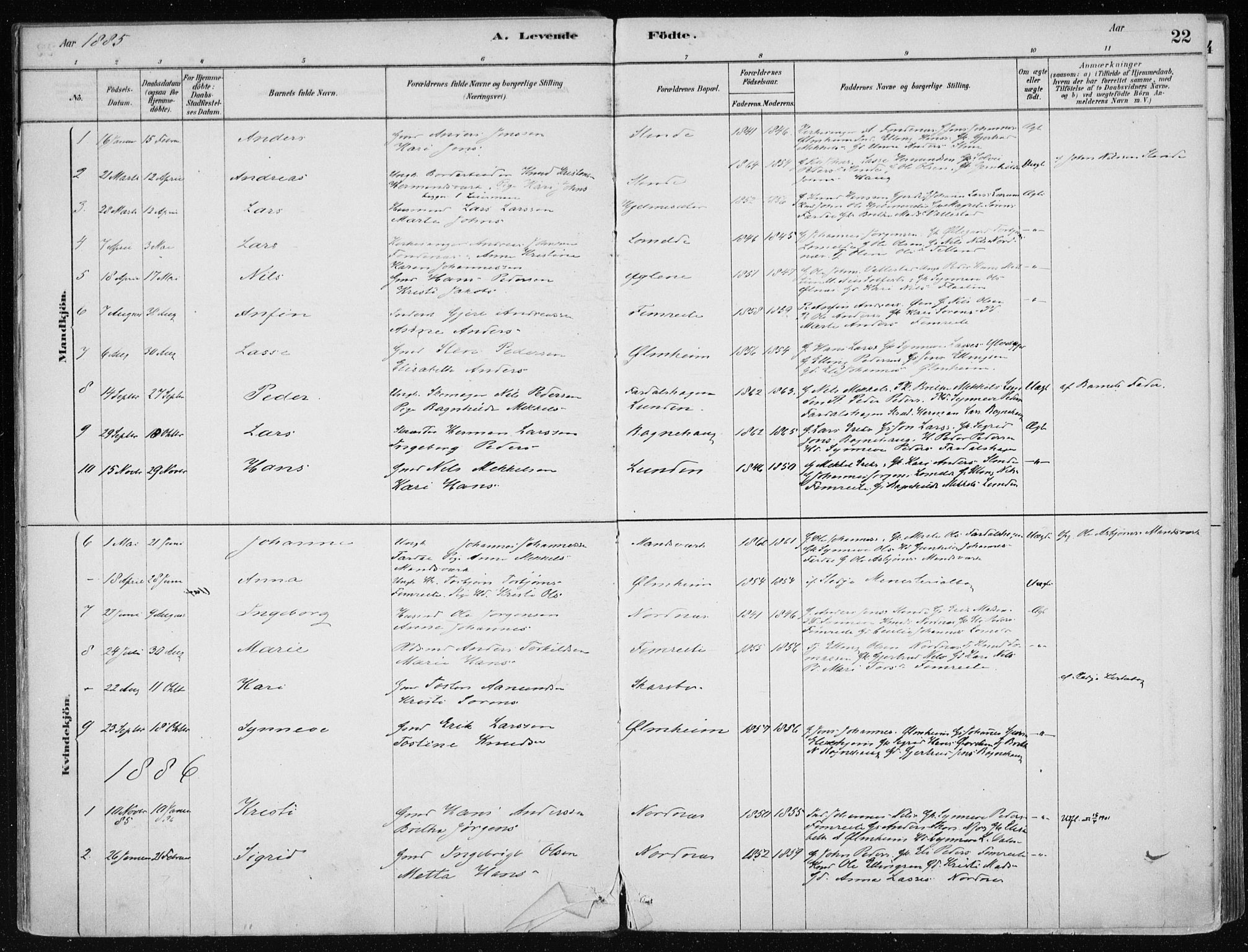 Sogndal sokneprestembete, SAB/A-81301/H/Haa/Haac/L0001: Parish register (official) no. C 1, 1878-1907, p. 22