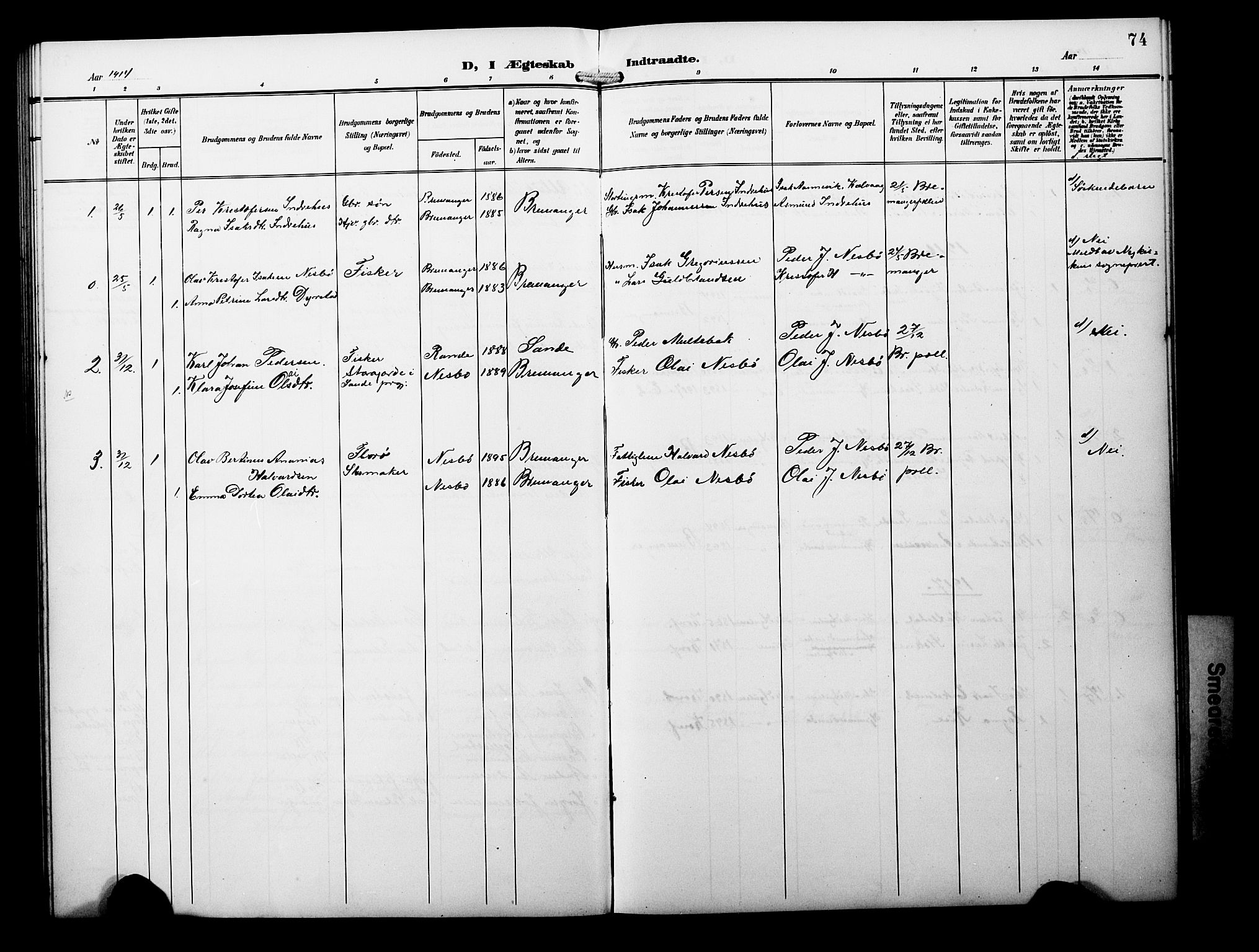 Davik sokneprestembete, SAB/A-79701/H/Hab/Habb/L0001: Parish register (copy) no. B 1, 1903-1928, p. 74