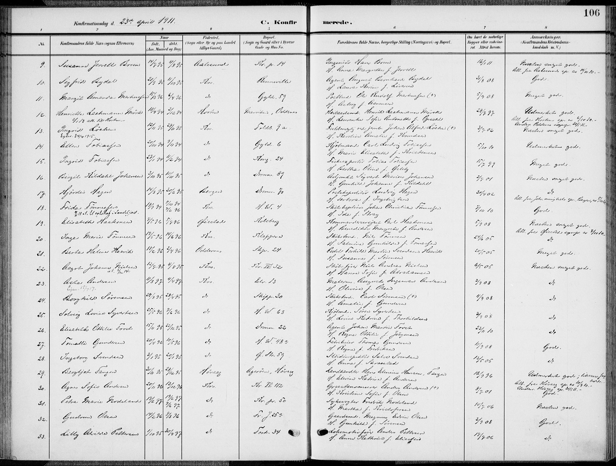 Kristiansand domprosti, SAK/1112-0006/F/Fa/L0022: Parish register (official) no. A 21, 1905-1916, p. 106