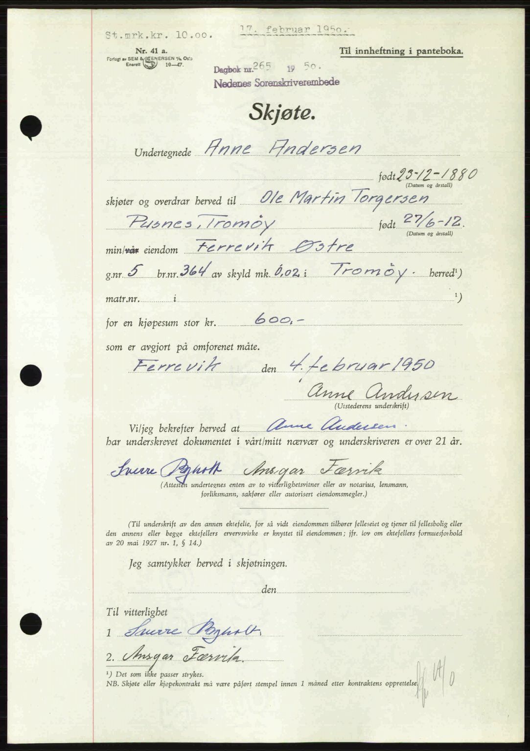 Nedenes sorenskriveri, SAK/1221-0006/G/Gb/Gba/L0062: Mortgage book no. A14, 1949-1950, Diary no: : 265/1950