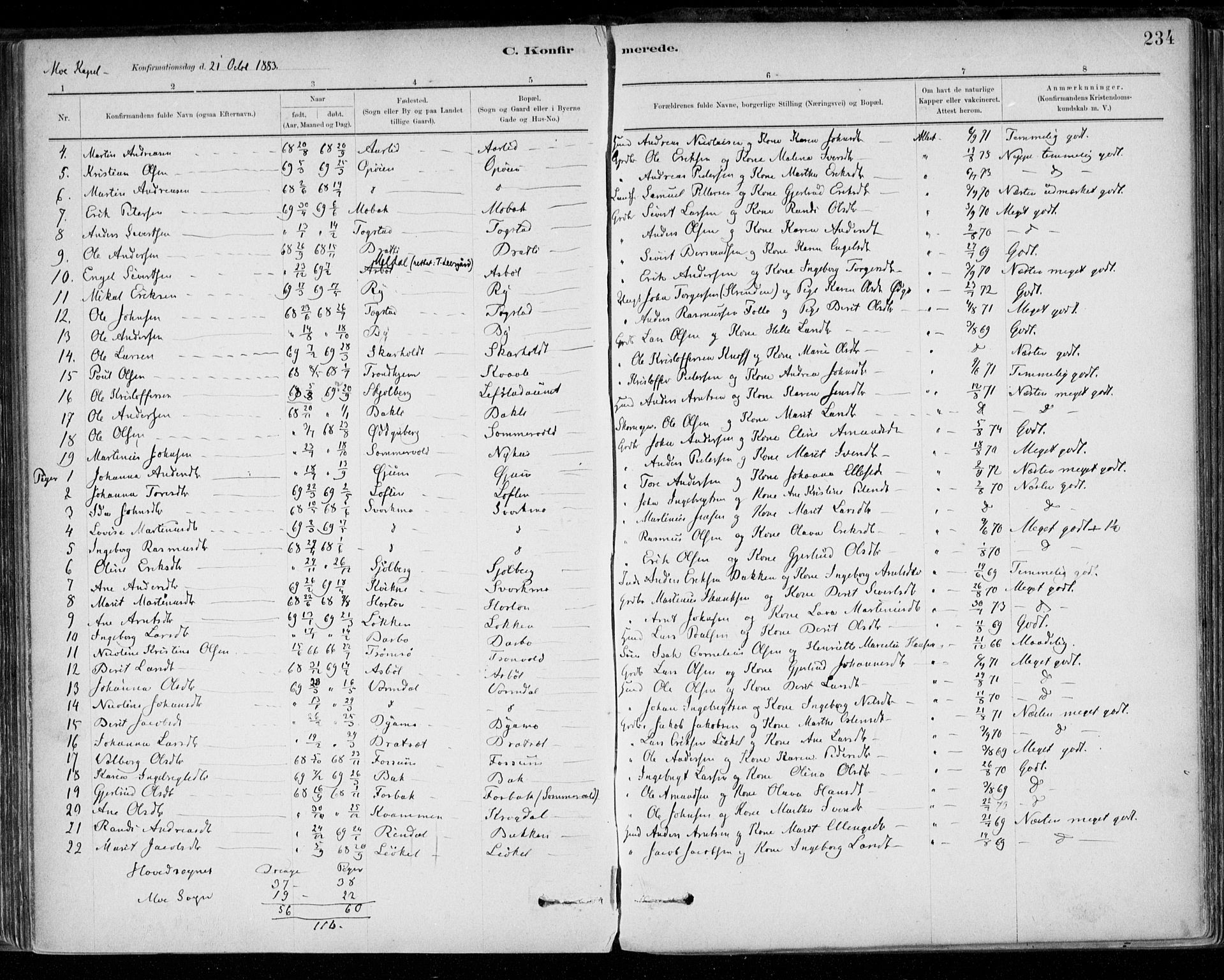 Ministerialprotokoller, klokkerbøker og fødselsregistre - Sør-Trøndelag, SAT/A-1456/668/L0809: Parish register (official) no. 668A09, 1881-1895, p. 234