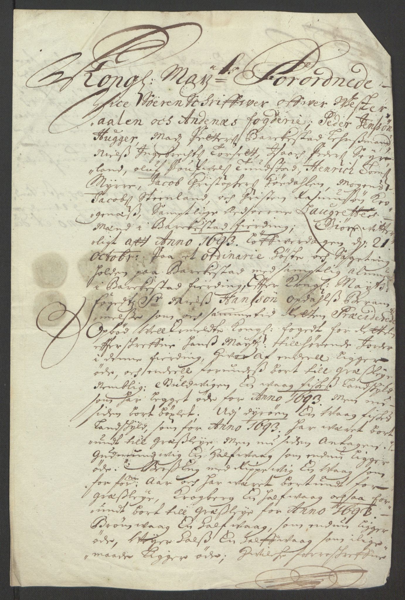 Rentekammeret inntil 1814, Reviderte regnskaper, Fogderegnskap, AV/RA-EA-4092/R67/L4676: Fogderegnskap Vesterålen, Andenes og Lofoten, 1691-1693, p. 348