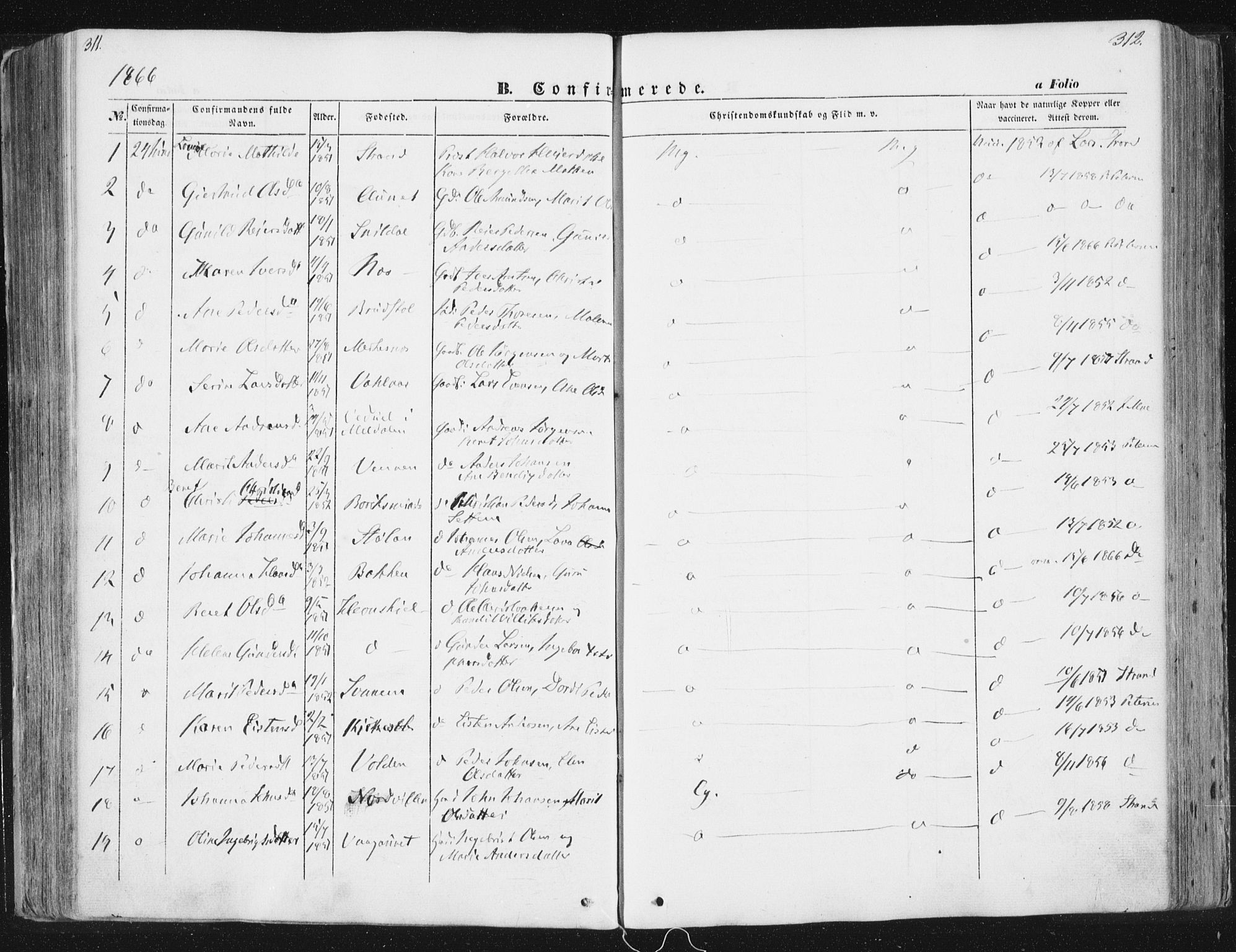 Ministerialprotokoller, klokkerbøker og fødselsregistre - Sør-Trøndelag, AV/SAT-A-1456/630/L0494: Parish register (official) no. 630A07, 1852-1868, p. 311-312