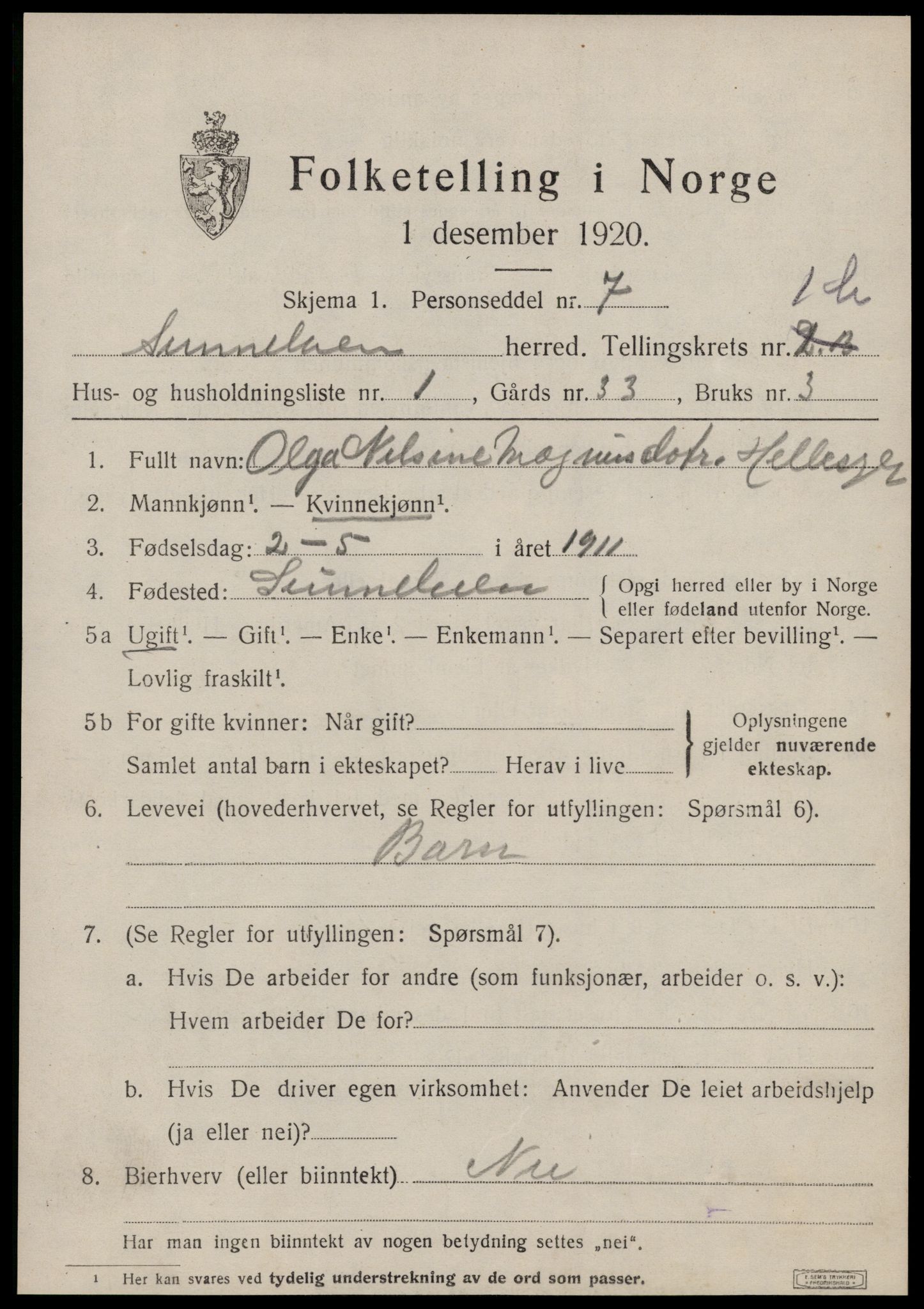 SAT, 1920 census for Sunnylven, 1920, p. 922