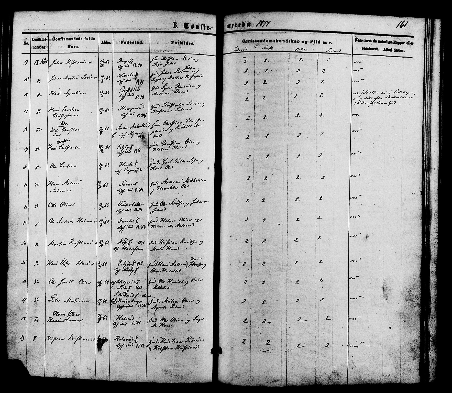 Nordre Land prestekontor, AV/SAH-PREST-124/H/Ha/Haa/L0002: Parish register (official) no. 2, 1872-1881, p. 161