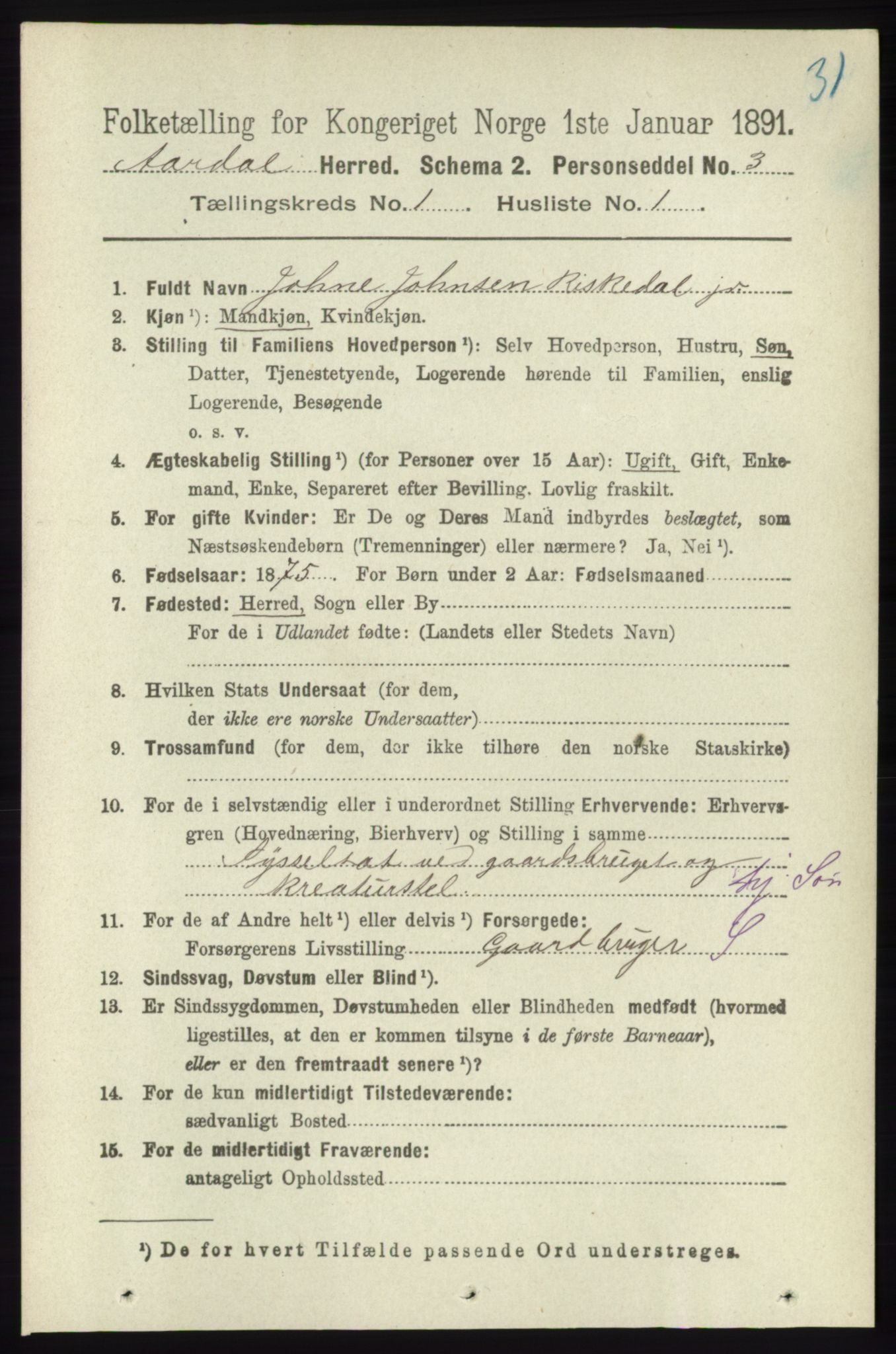 RA, 1891 census for 1131 Årdal, 1891, p. 107