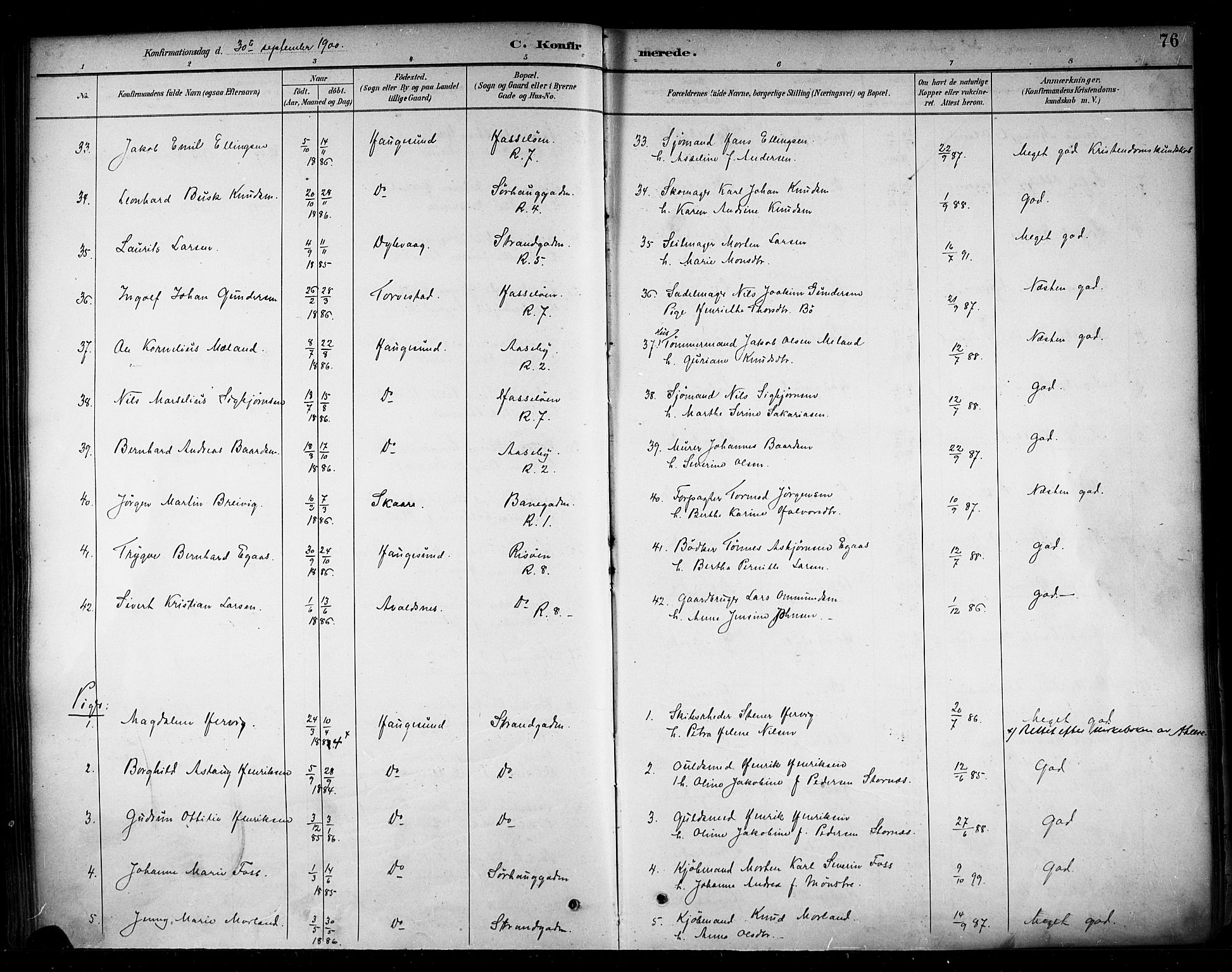 Haugesund sokneprestkontor, AV/SAST-A -101863/H/Ha/Haa/L0005: Parish register (official) no. A 5, 1891-1903, p. 76