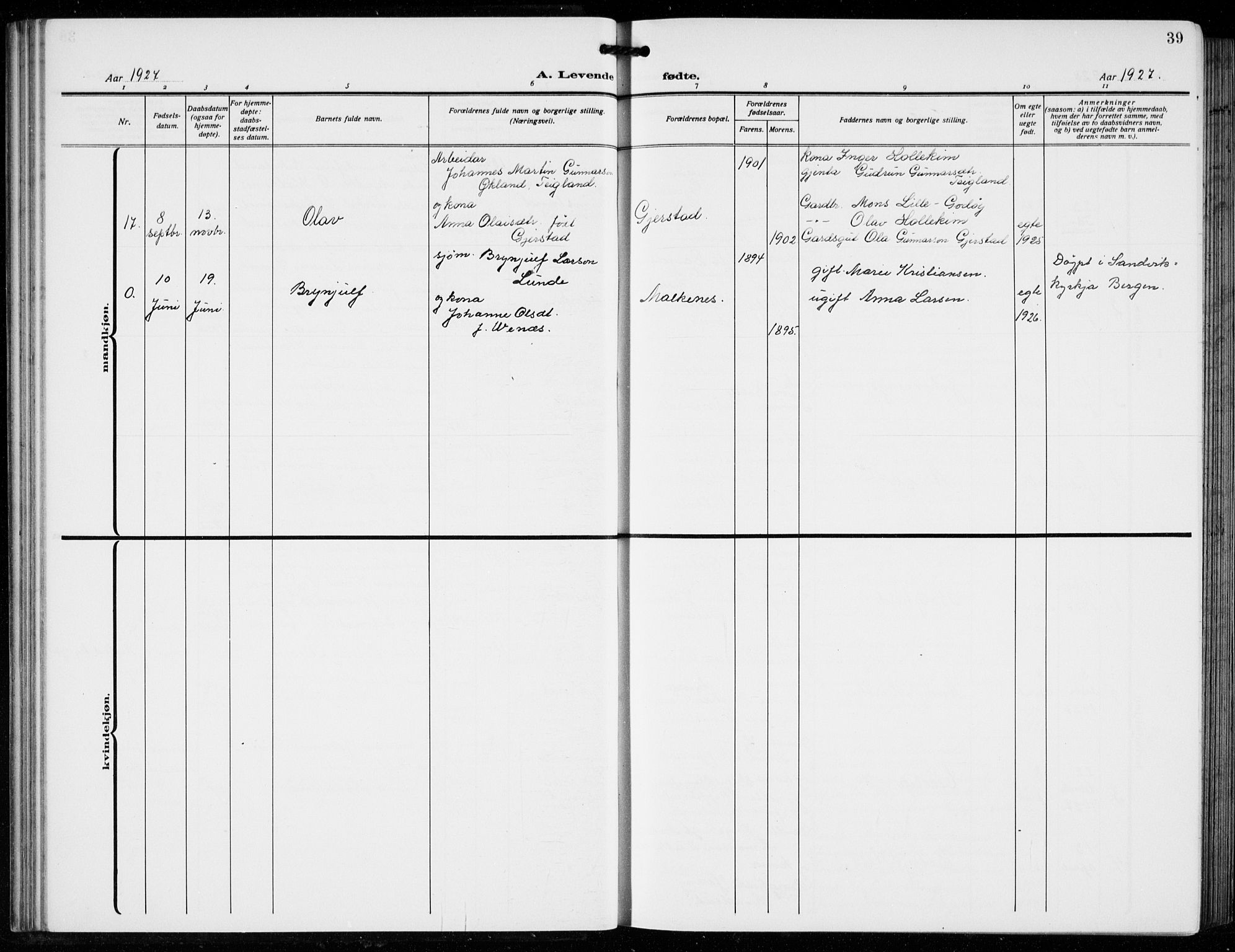 Tysnes sokneprestembete, AV/SAB-A-78601/H/Hab: Parish register (copy) no. B  3, 1918-1935, p. 39