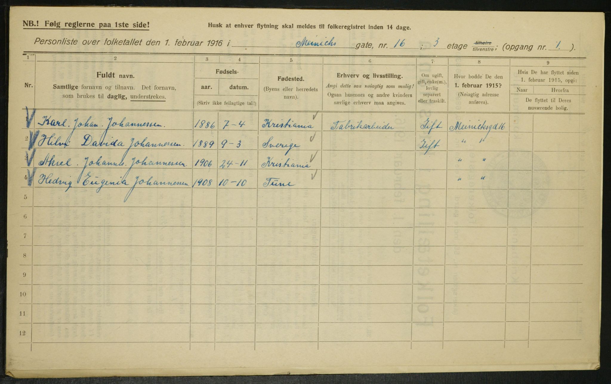 OBA, Municipal Census 1916 for Kristiania, 1916, p. 1280