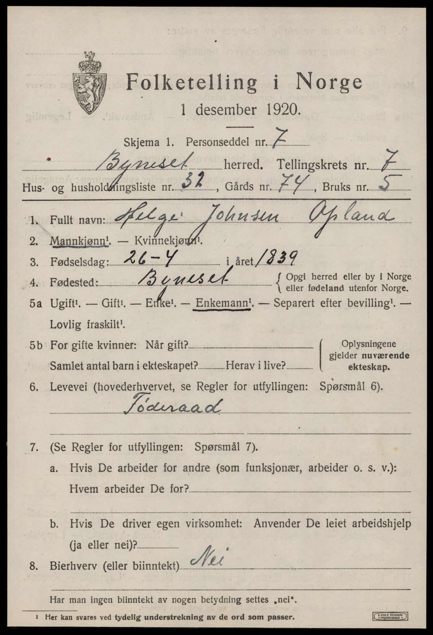 SAT, 1920 census for Byneset, 1920, p. 3836