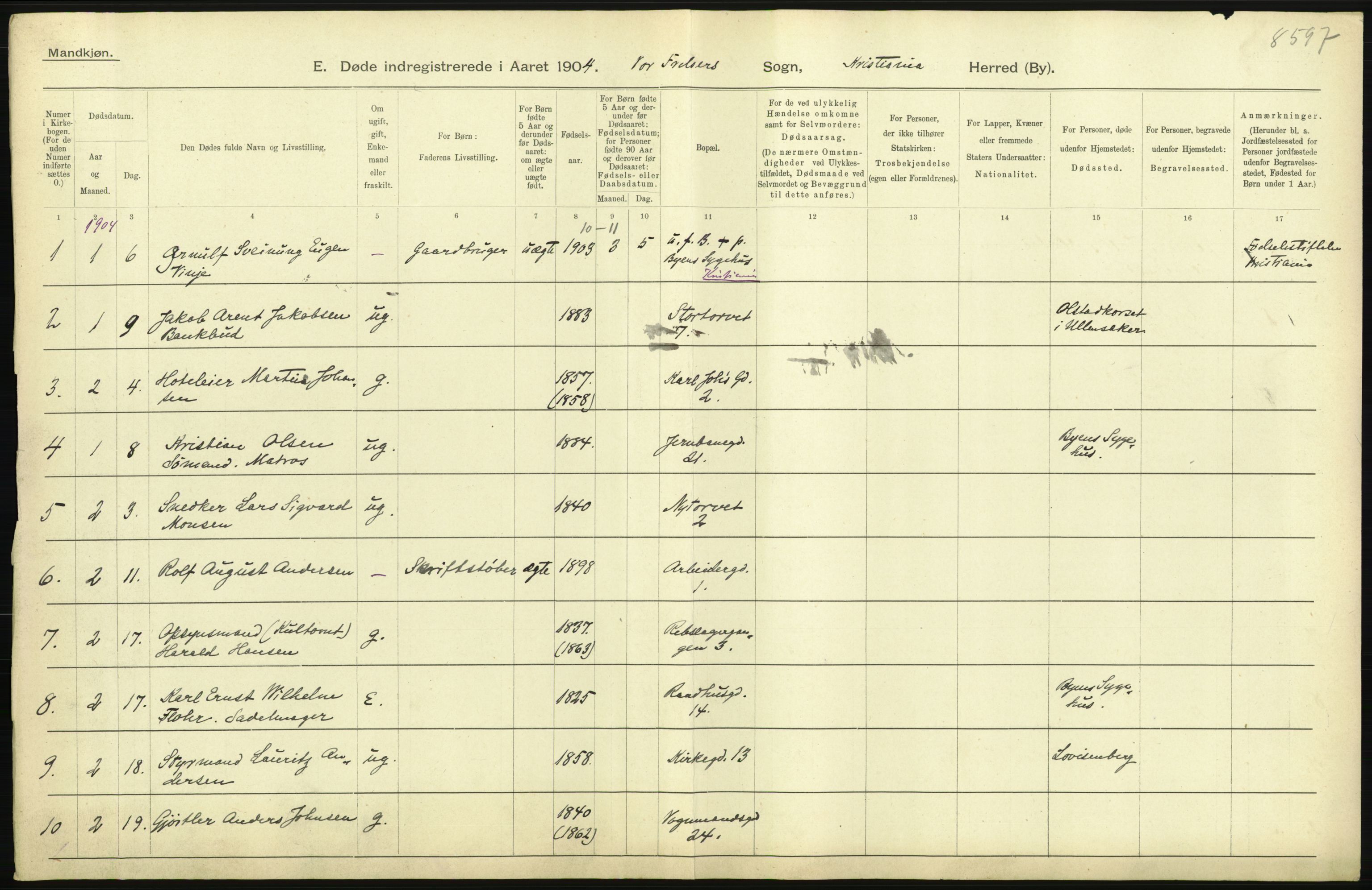 Statistisk sentralbyrå, Sosiodemografiske emner, Befolkning, AV/RA-S-2228/D/Df/Dfa/Dfab/L0004: Kristiania: Gifte, døde, 1904, p. 489