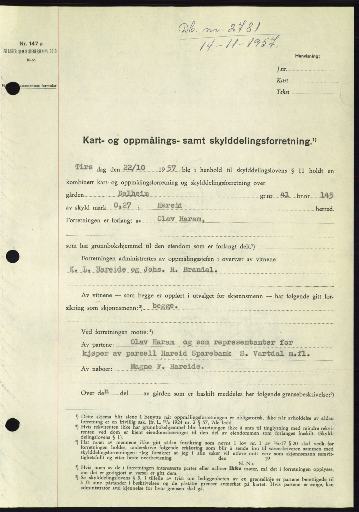 Søre Sunnmøre sorenskriveri, AV/SAT-A-4122/1/2/2C/L0108: Mortgage book no. 34A, 1957-1958, Diary no: : 2781/1957