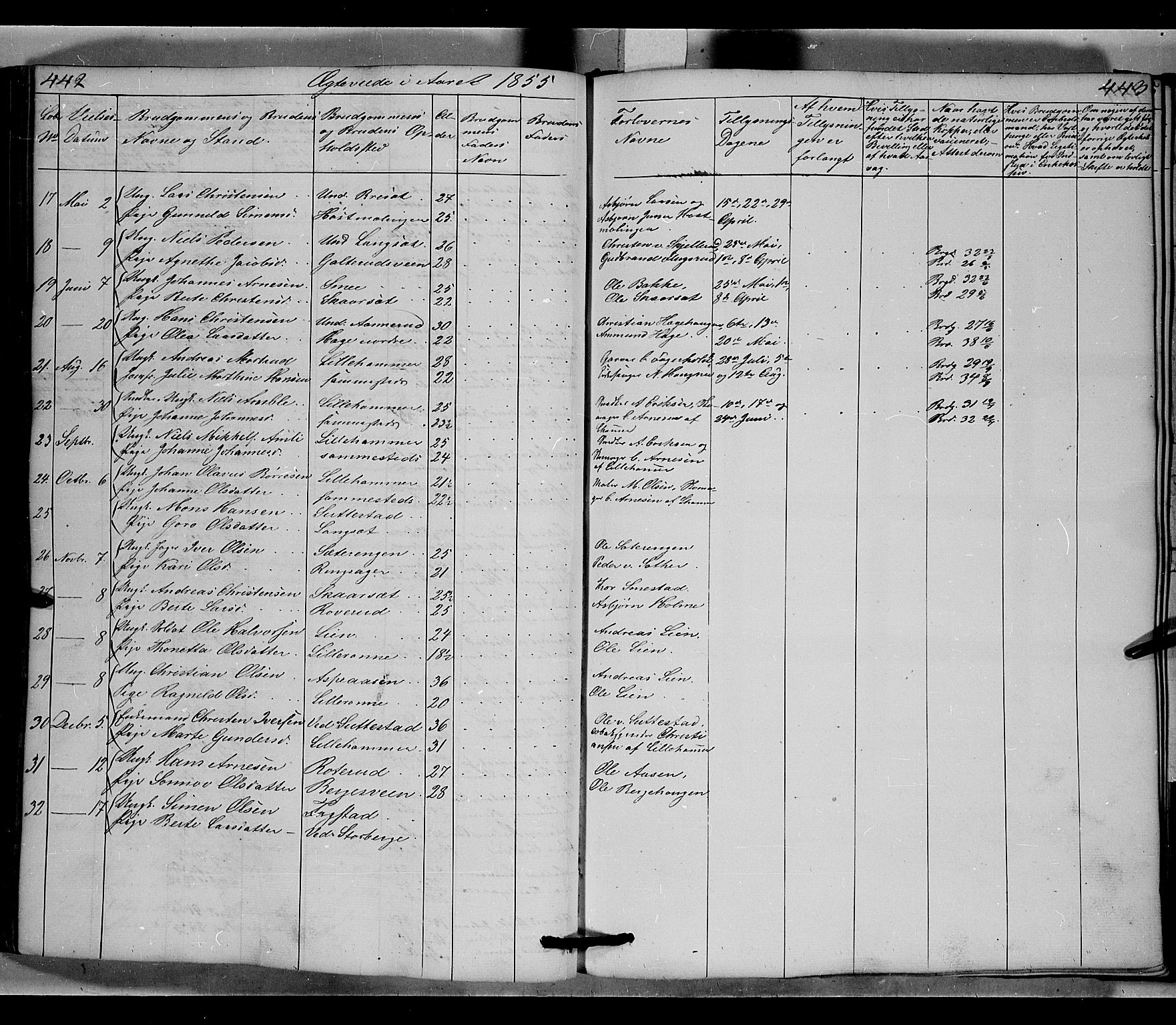Fåberg prestekontor, SAH/PREST-086/H/Ha/Hab/L0006: Parish register (copy) no. 6, 1837-1855, p. 442-443