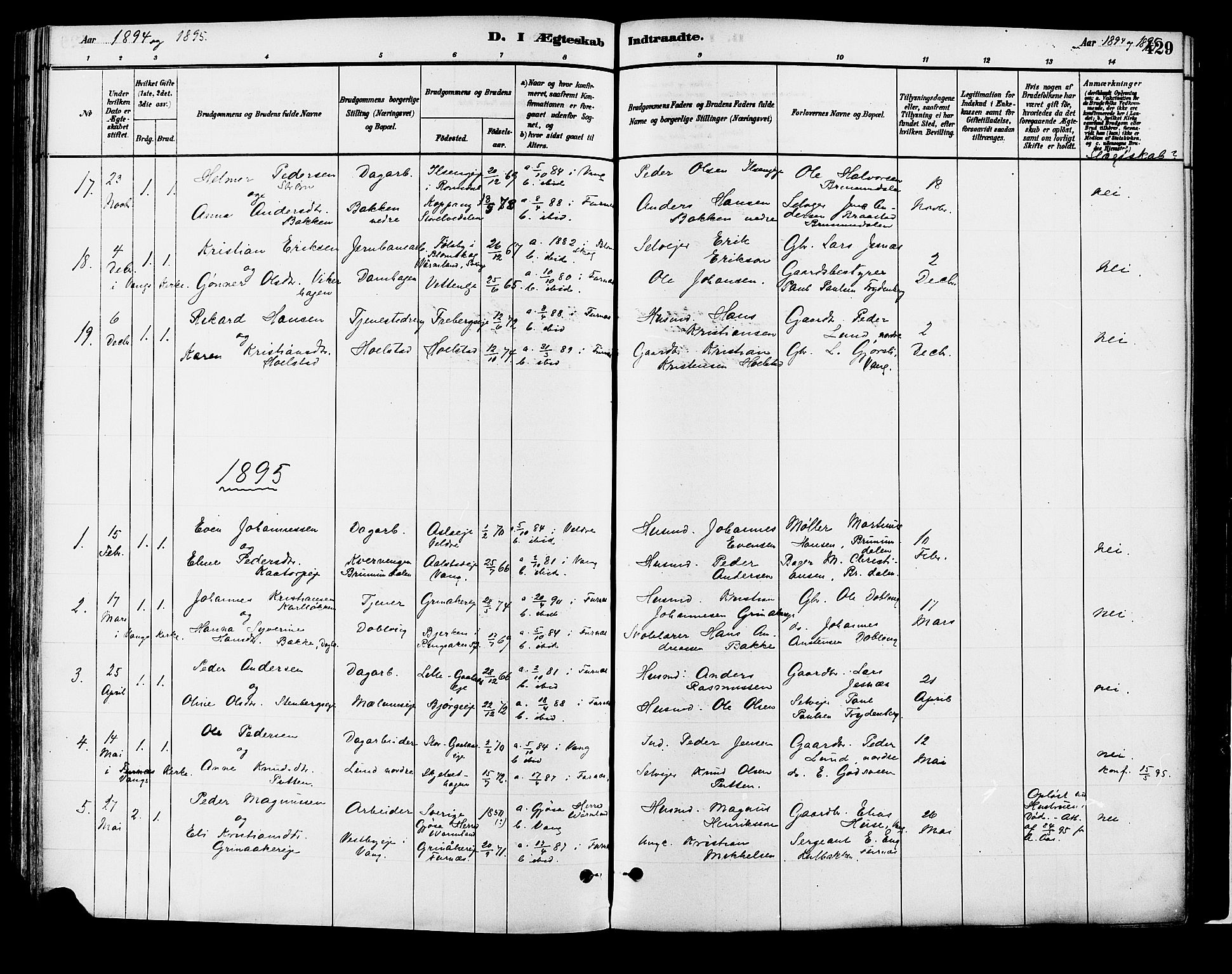 Vang prestekontor, Hedmark, SAH/PREST-008/H/Ha/Haa/L0018B: Parish register (official) no. 18B, 1880-1906, p. 429