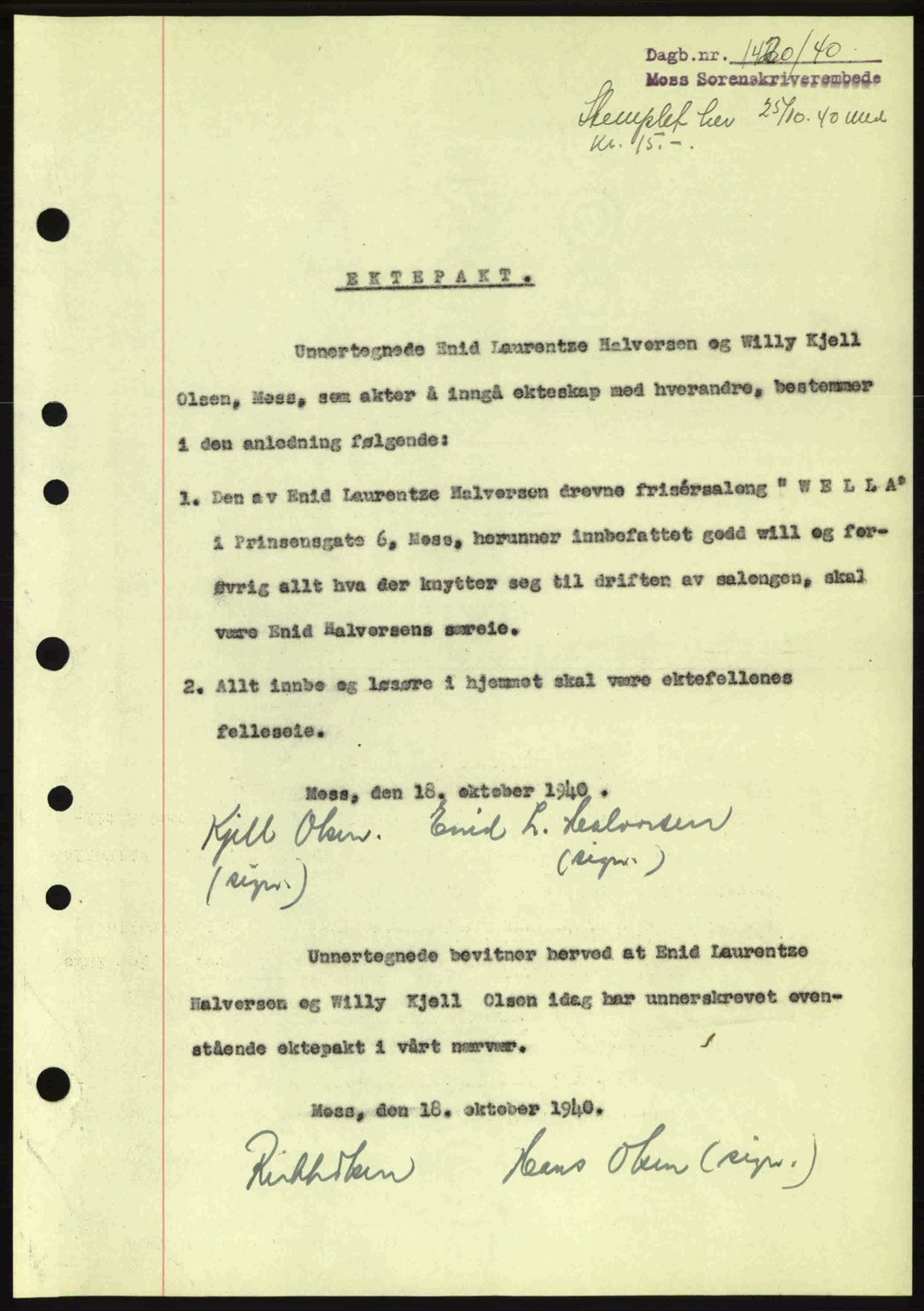 Moss sorenskriveri, SAO/A-10168: Mortgage book no. B10, 1940-1941, Diary no: : 1430/1940